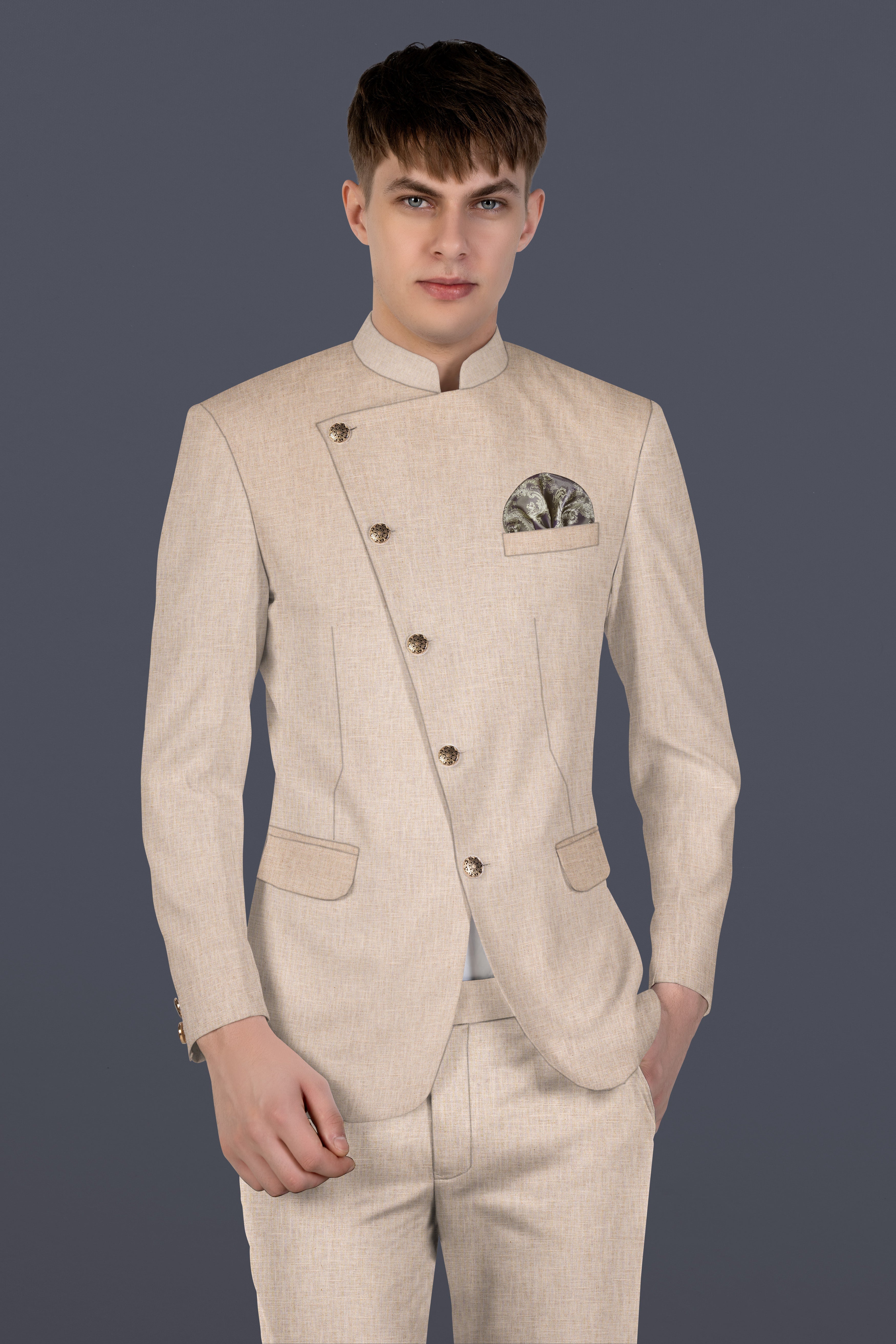 Sisal Cream Luxurious Linen Cross Placket Bandhgala Blazer