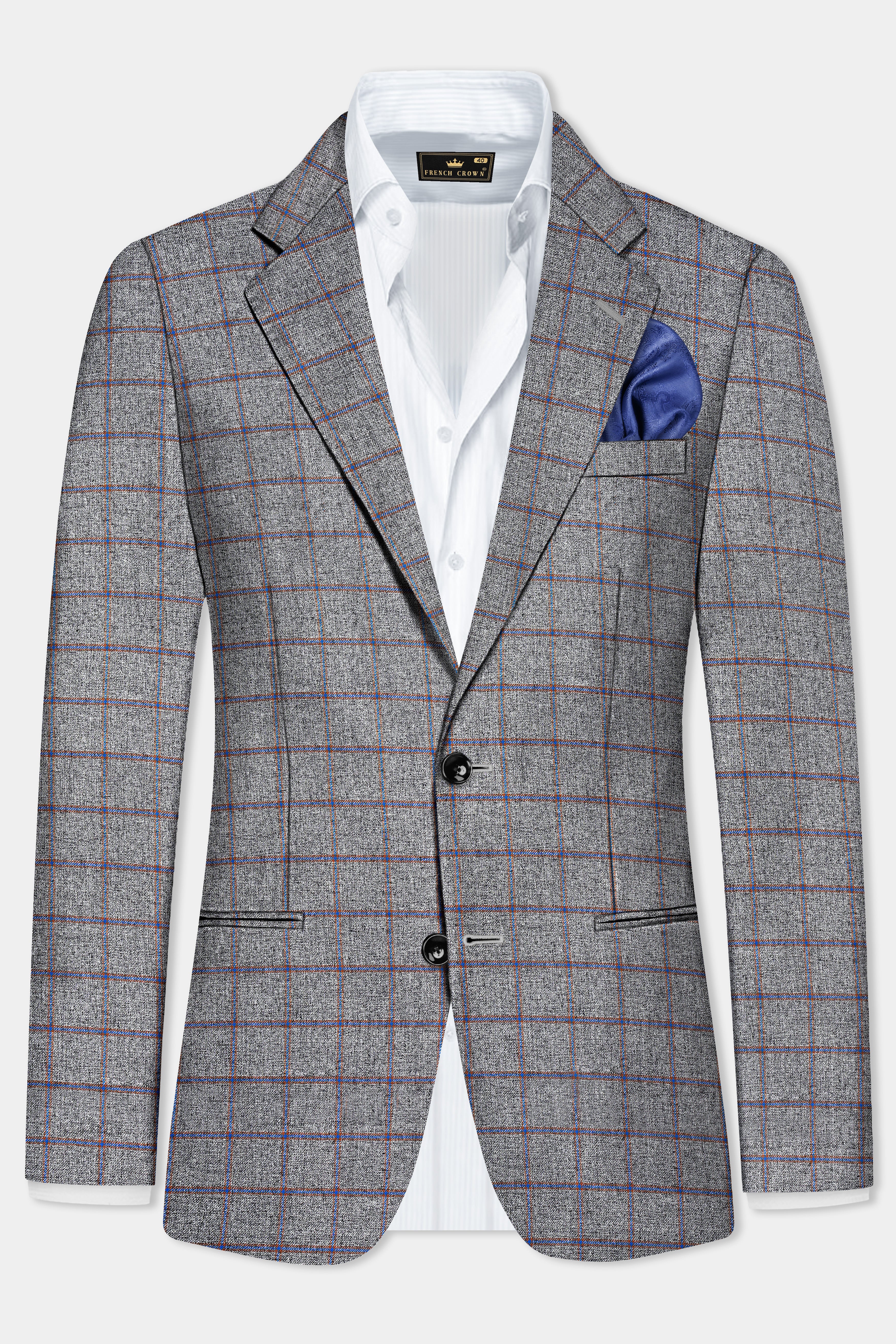 Smokey Gray Windowpane Wool Blend Single Breasted Blazer