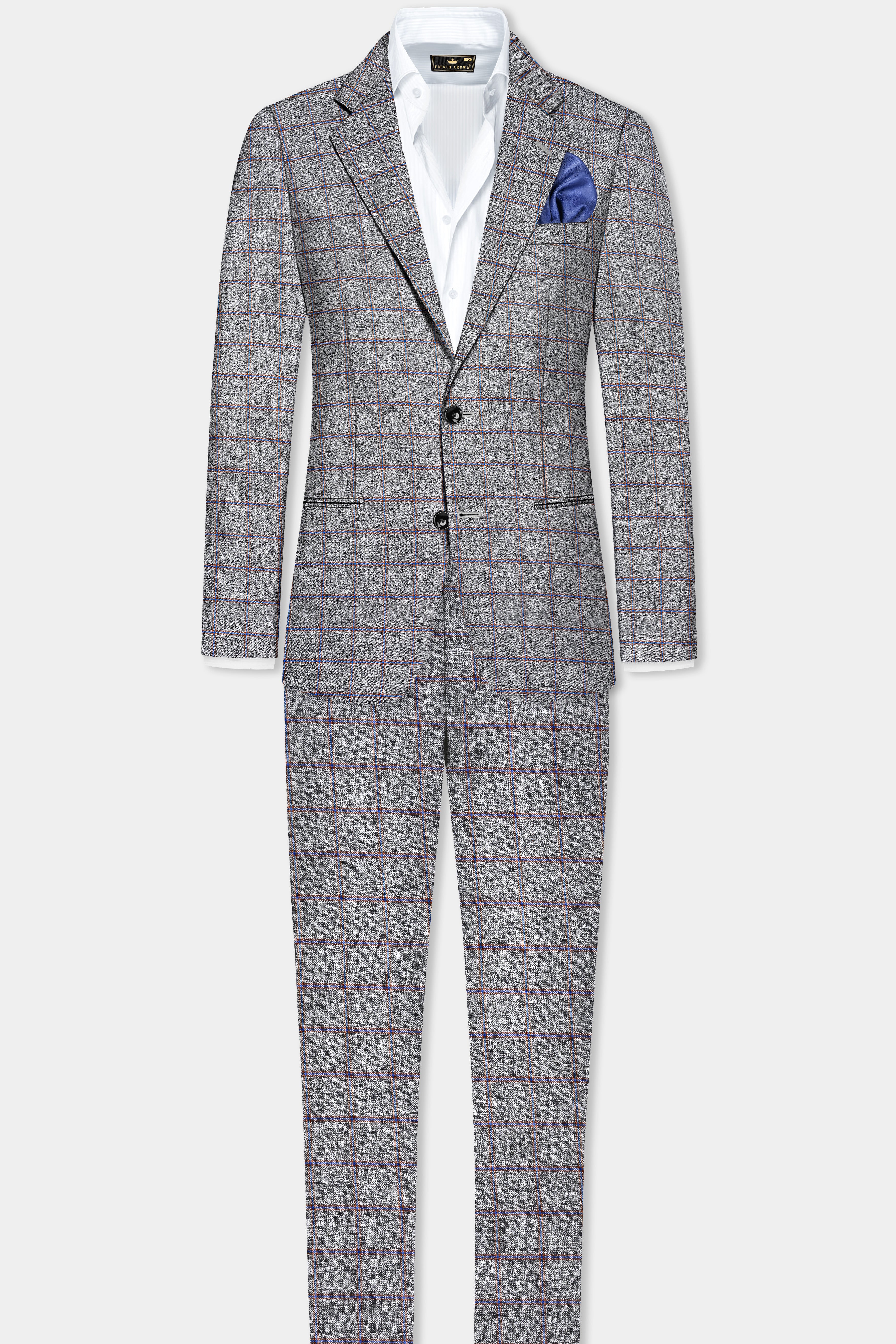 Smokey Gray Windowpane Wool Blend Single Breasted Blazer