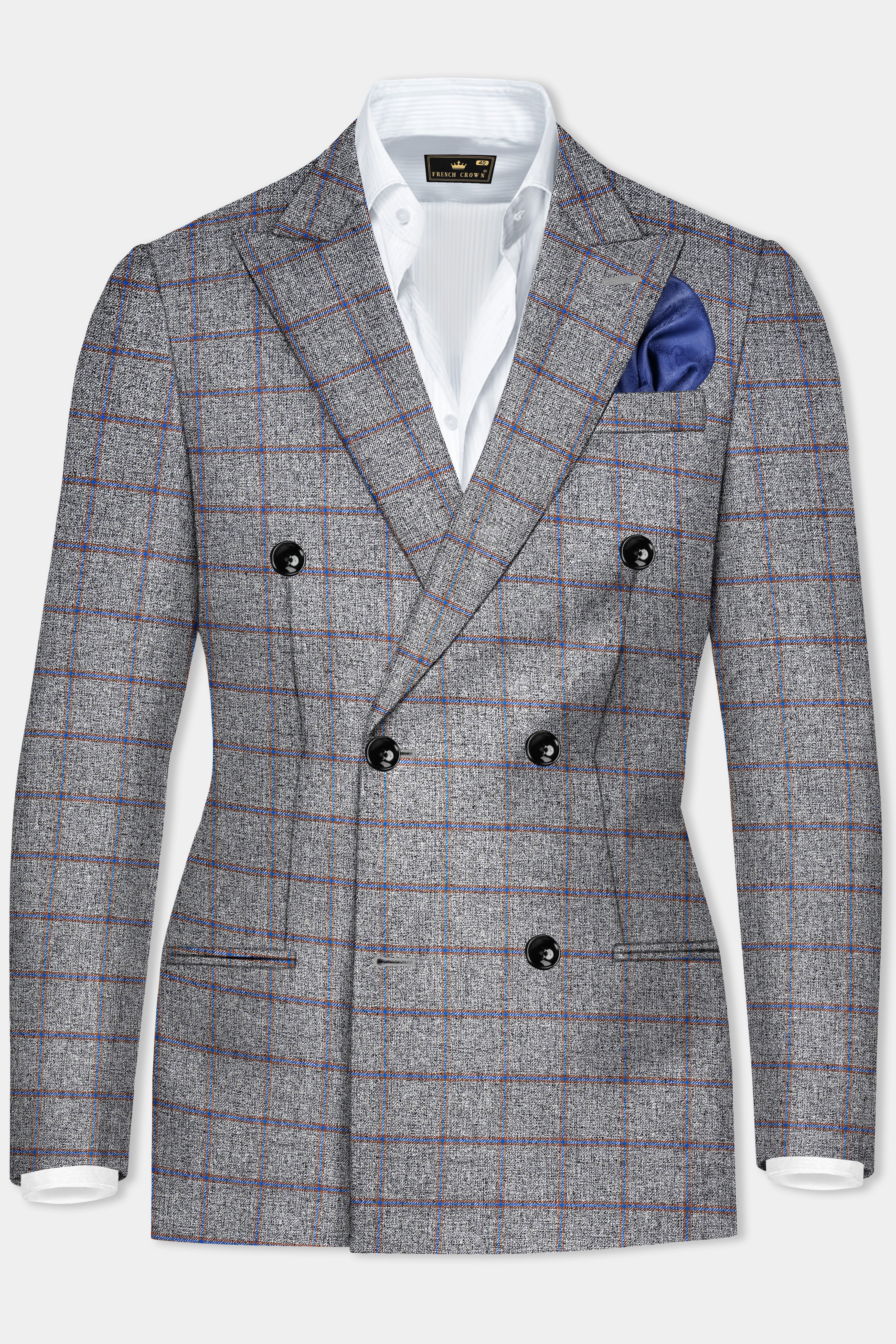 Smokey Gray Windowpane Wool Blend Double Breasted Blazer