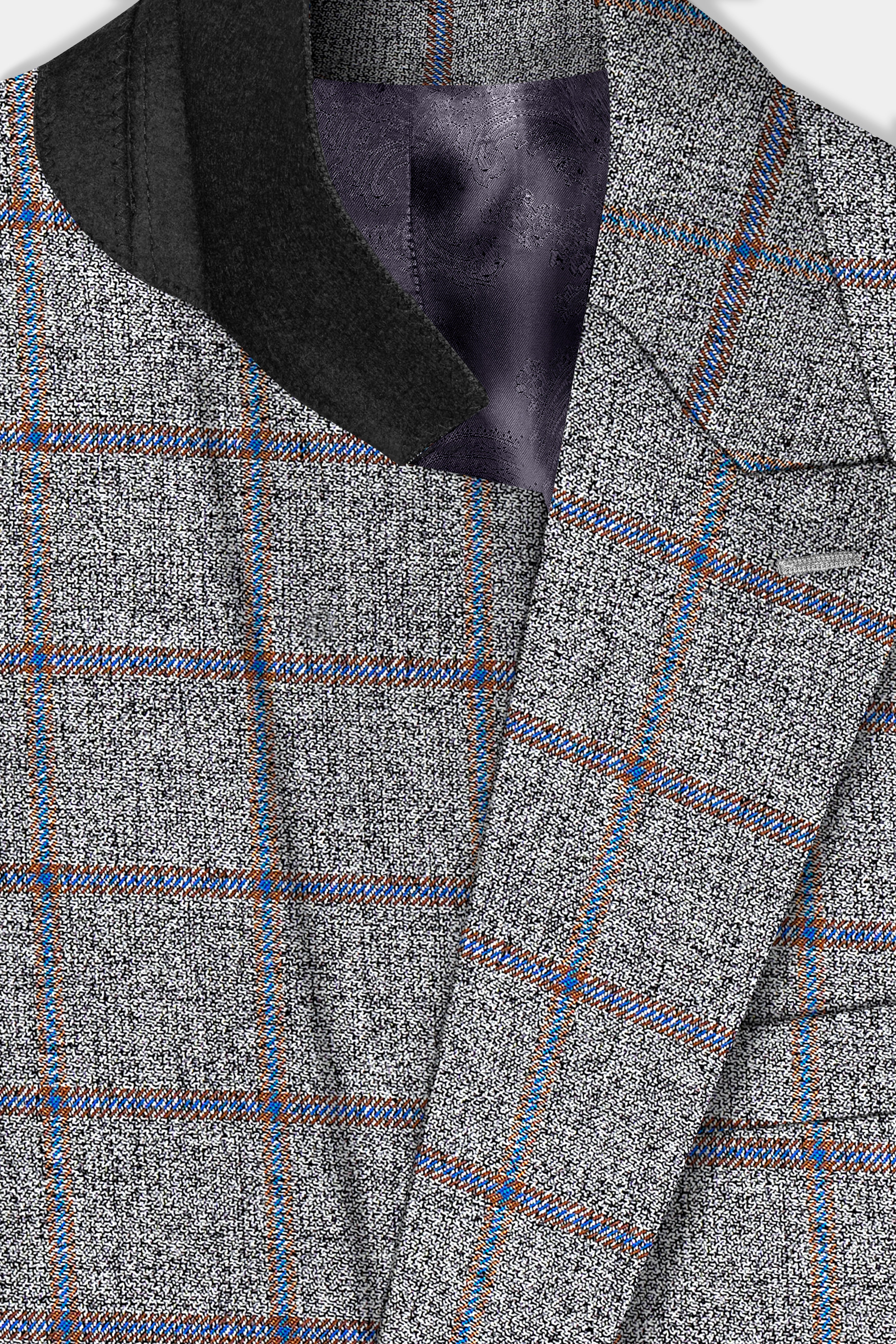 Smokey Gray Windowpane Wool Blend Double Breasted Blazer