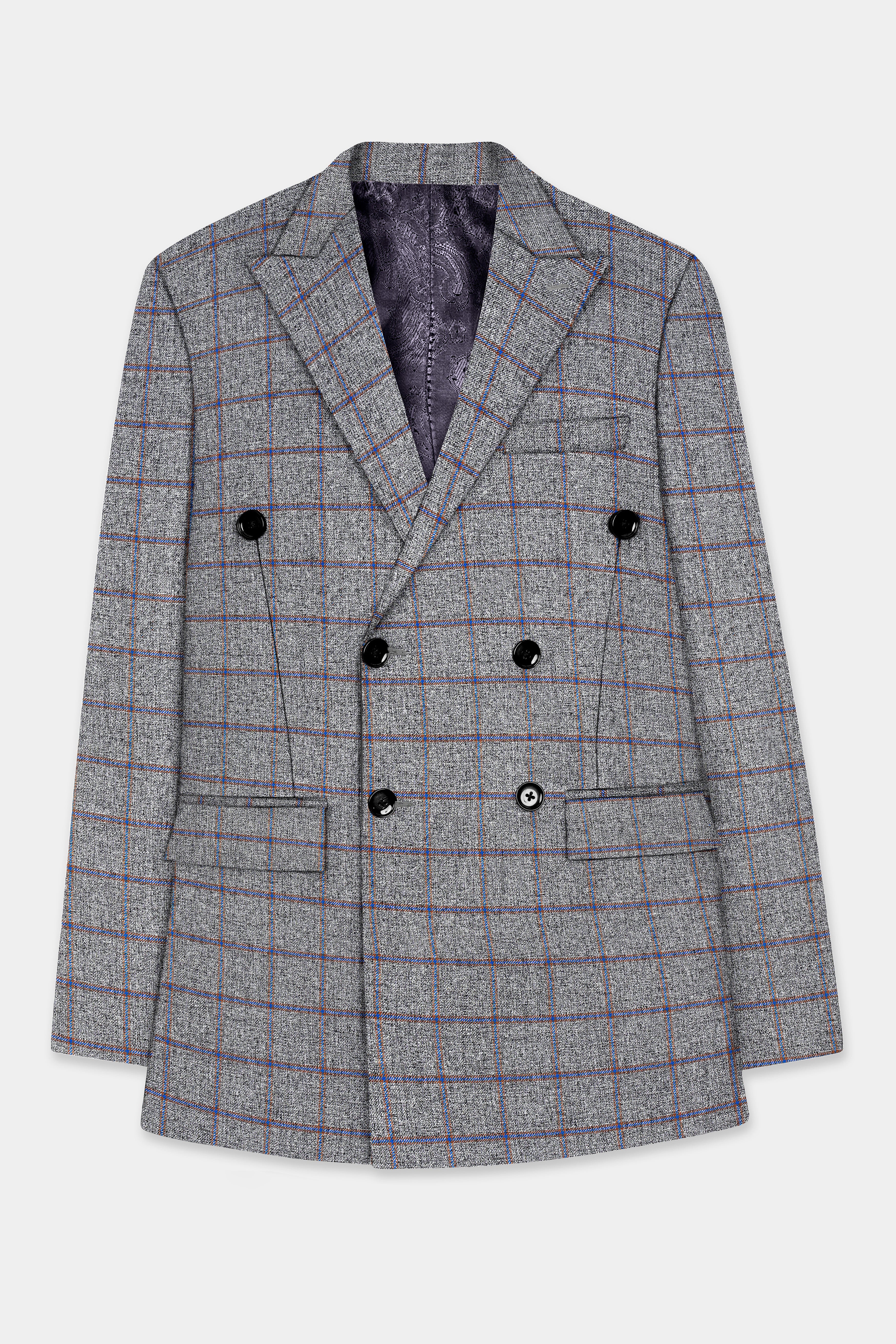 Smokey Gray Windowpane Wool Blend Double Breasted Blazer