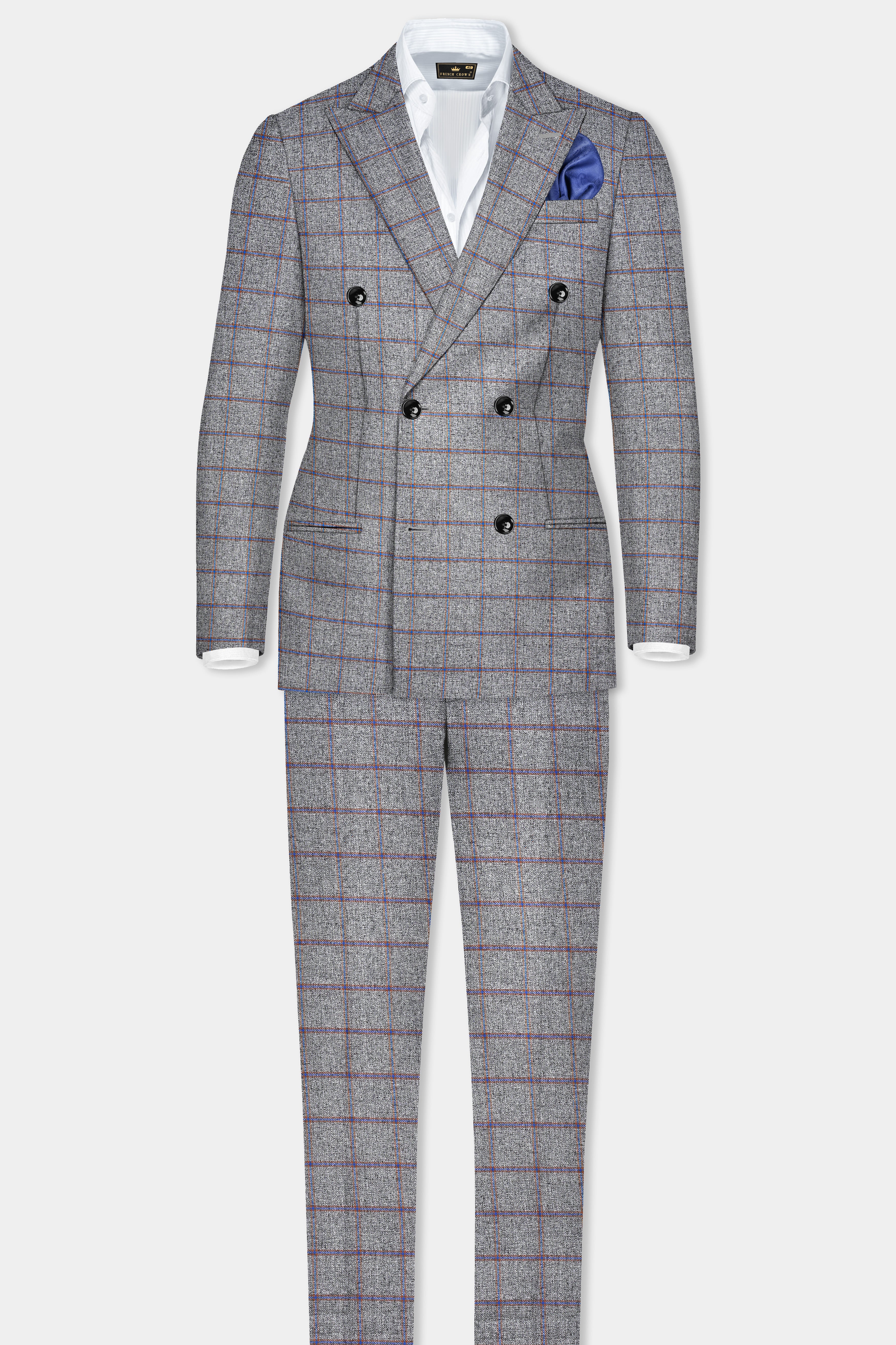 Smokey Gray Windowpane Wool Blend Double Breasted Blazer