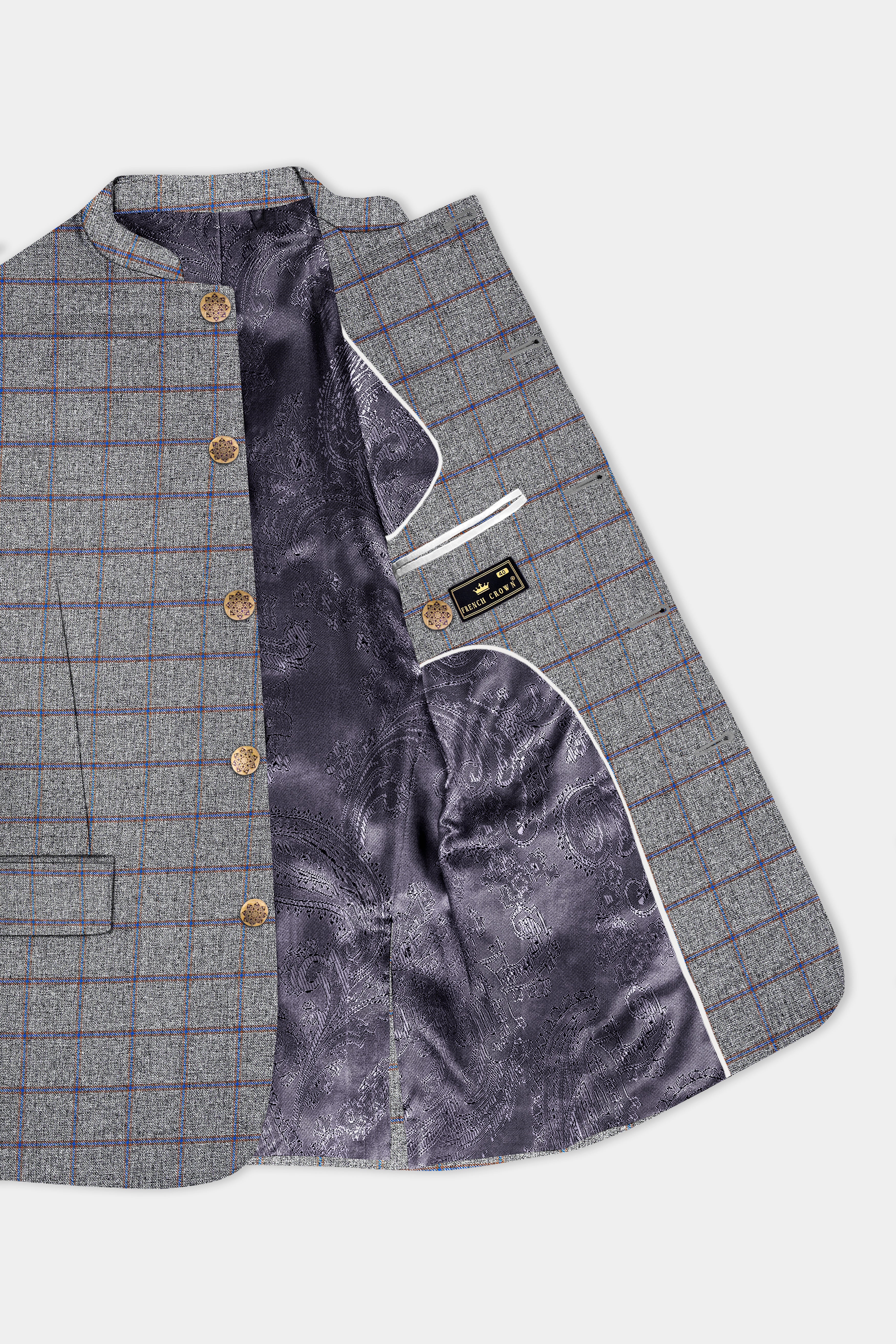 Smokey Gray Windowpane Wool Blend Bandhgala Blazer