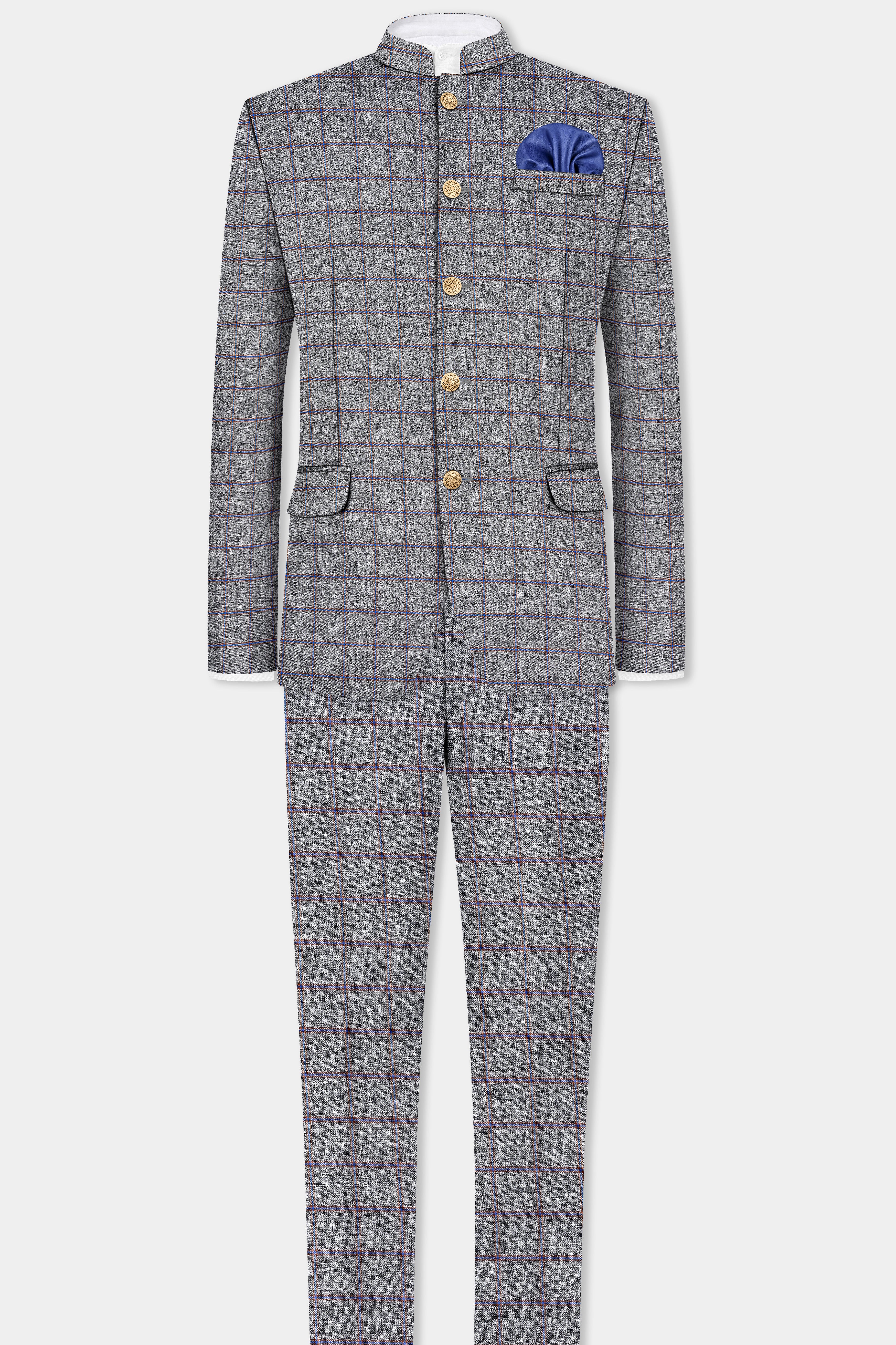 Smokey Gray Windowpane Wool Blend Bandhgala Blazer