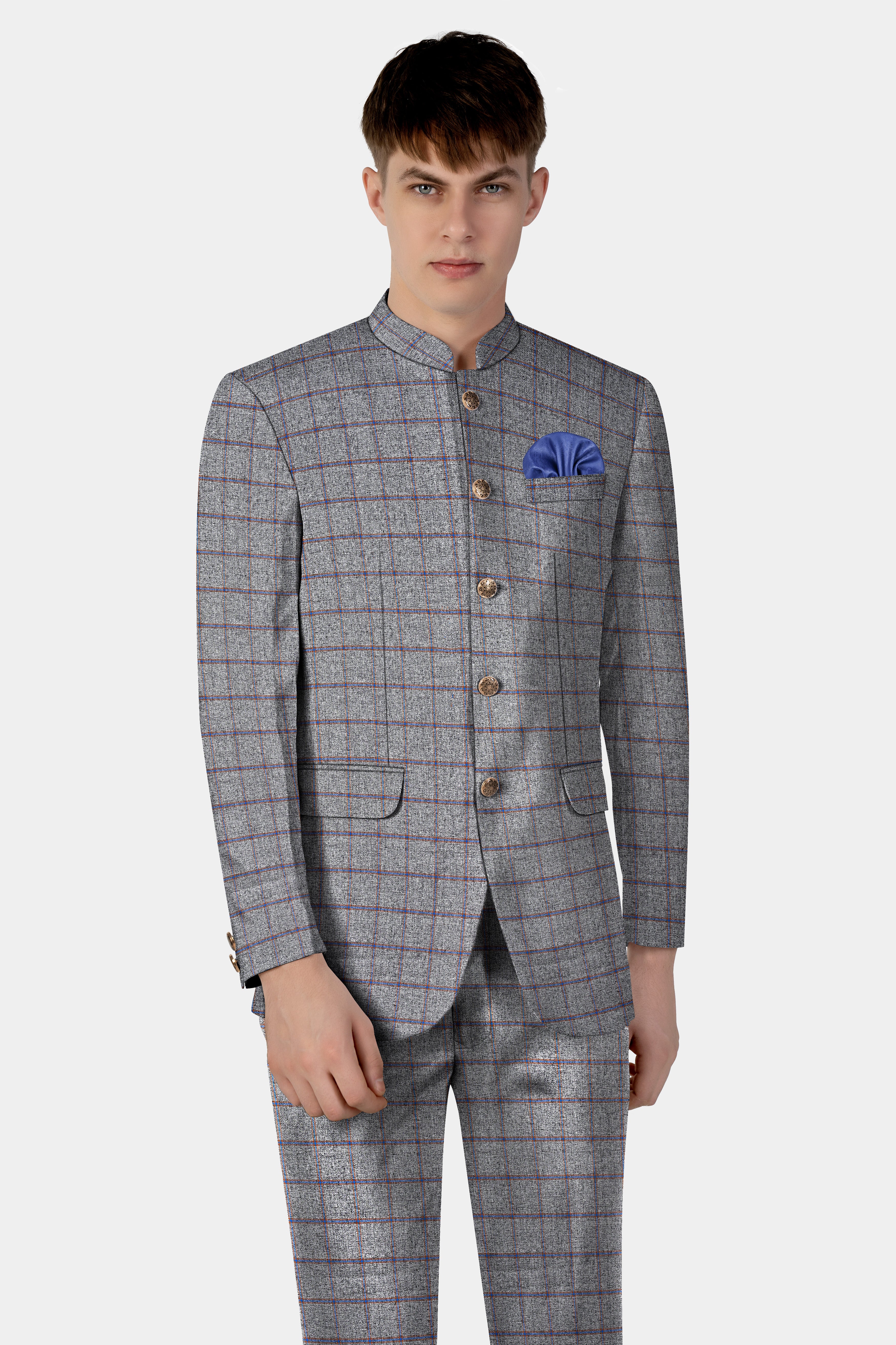 Smokey Gray Windowpane Wool Blend Bandhgala Blazer