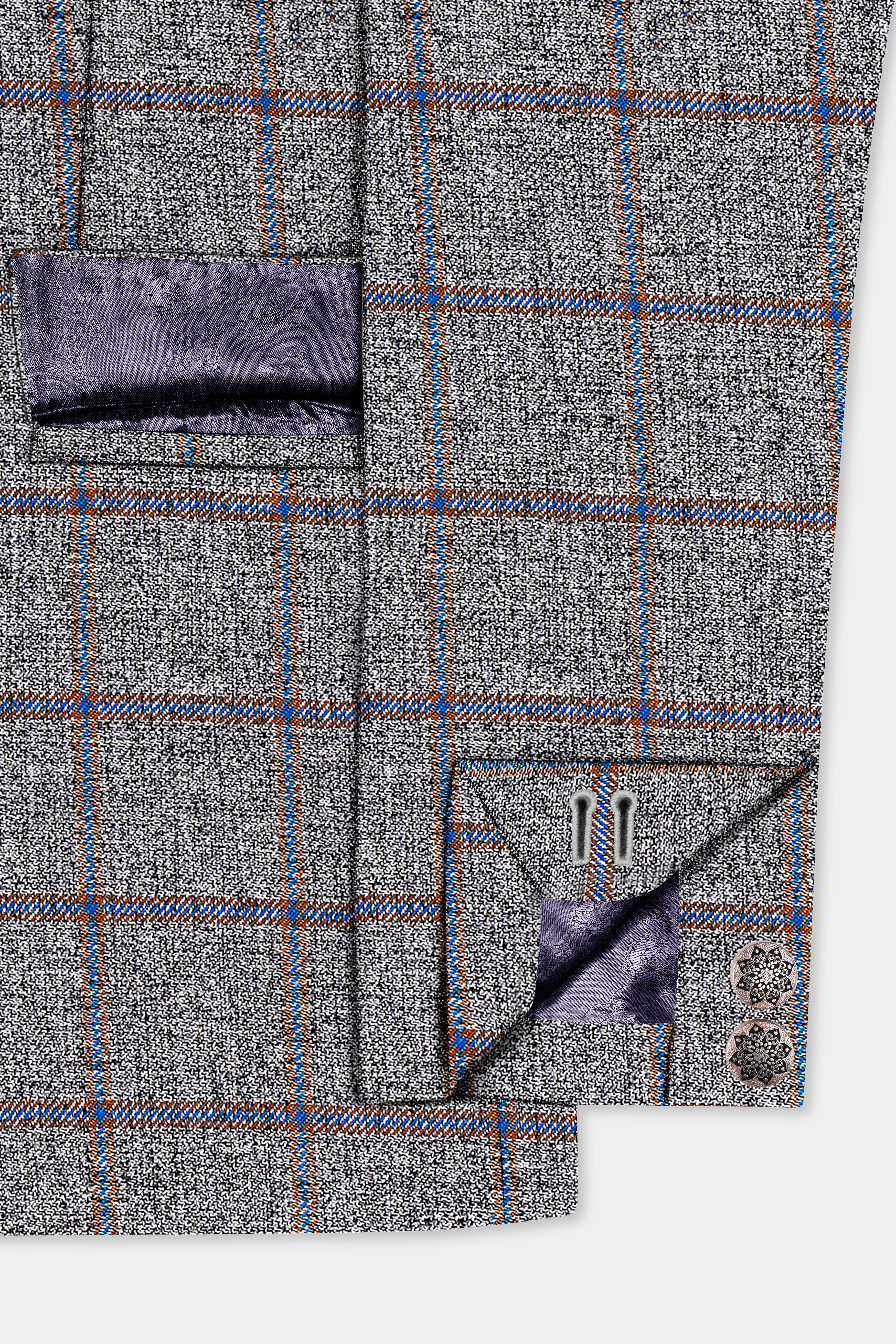 Smokey Gray Windowpane Wool Blend Cross Placket Bandhgala Blazer