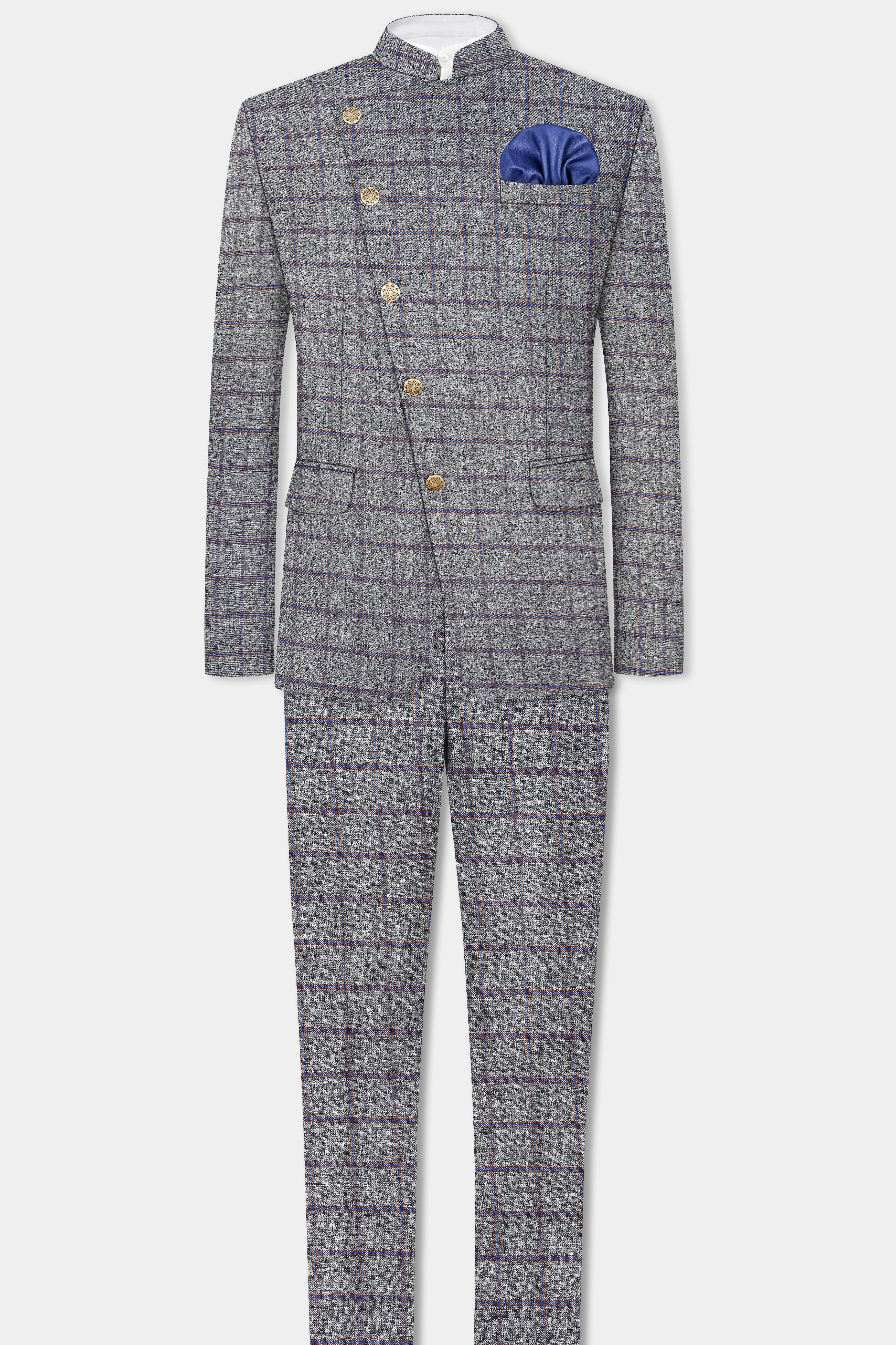 Smokey Gray Windowpane Wool Blend Cross Placket Bandhgala Blazer