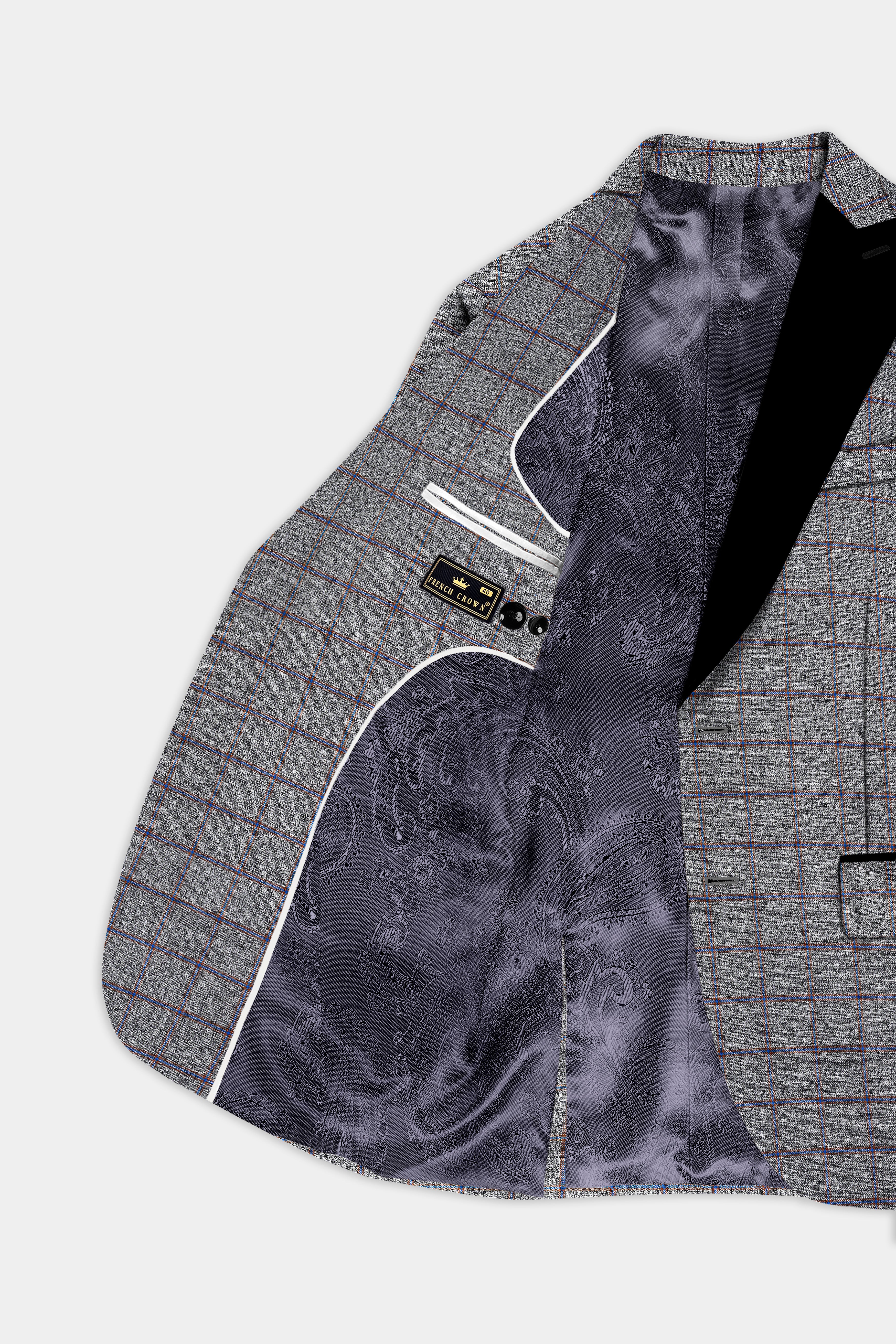 Smokey Gray Windowpane Wool Blend Peak Collar Tuxedo Blazer