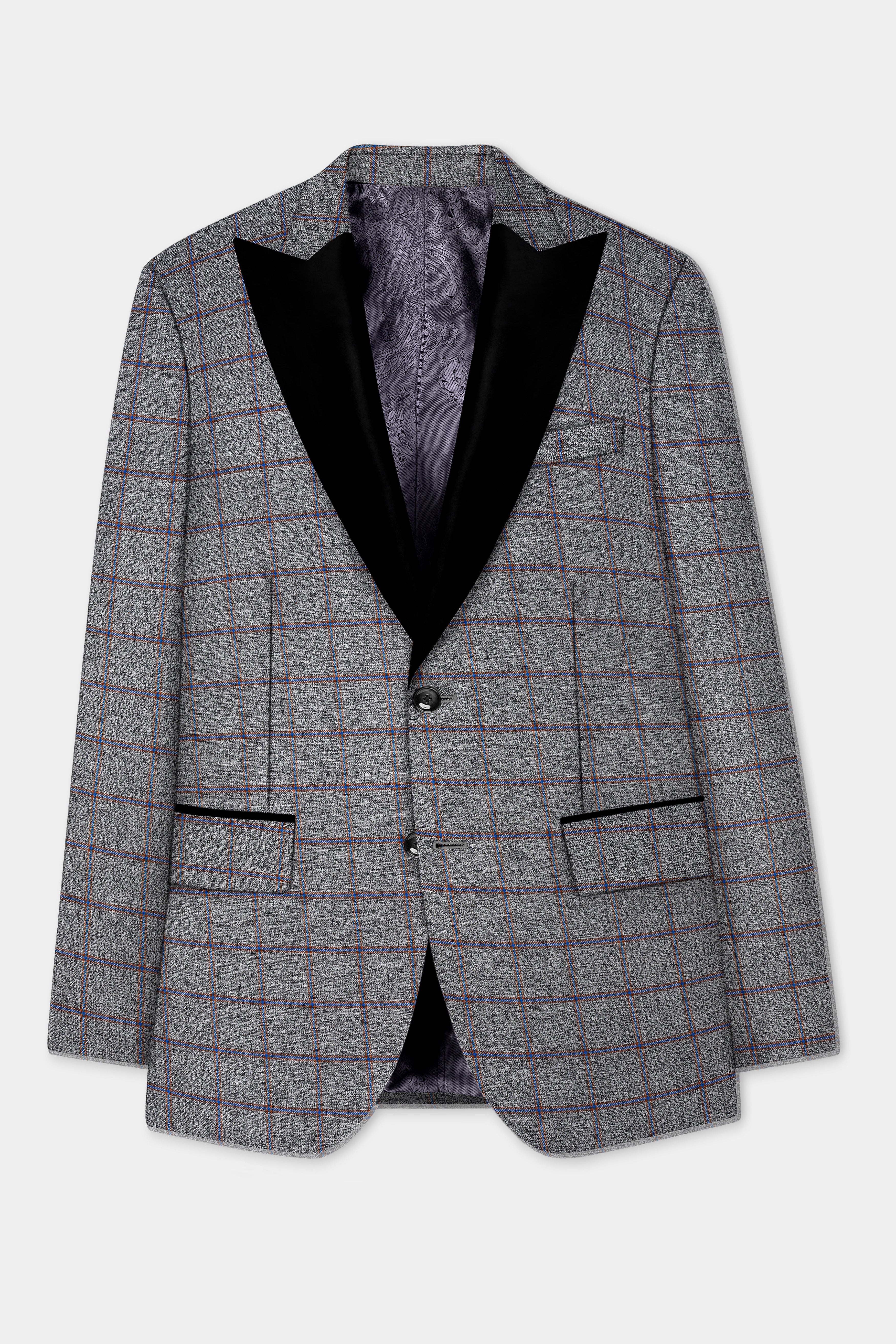 Smokey Gray Windowpane Wool Blend Peak Collar Tuxedo Blazer