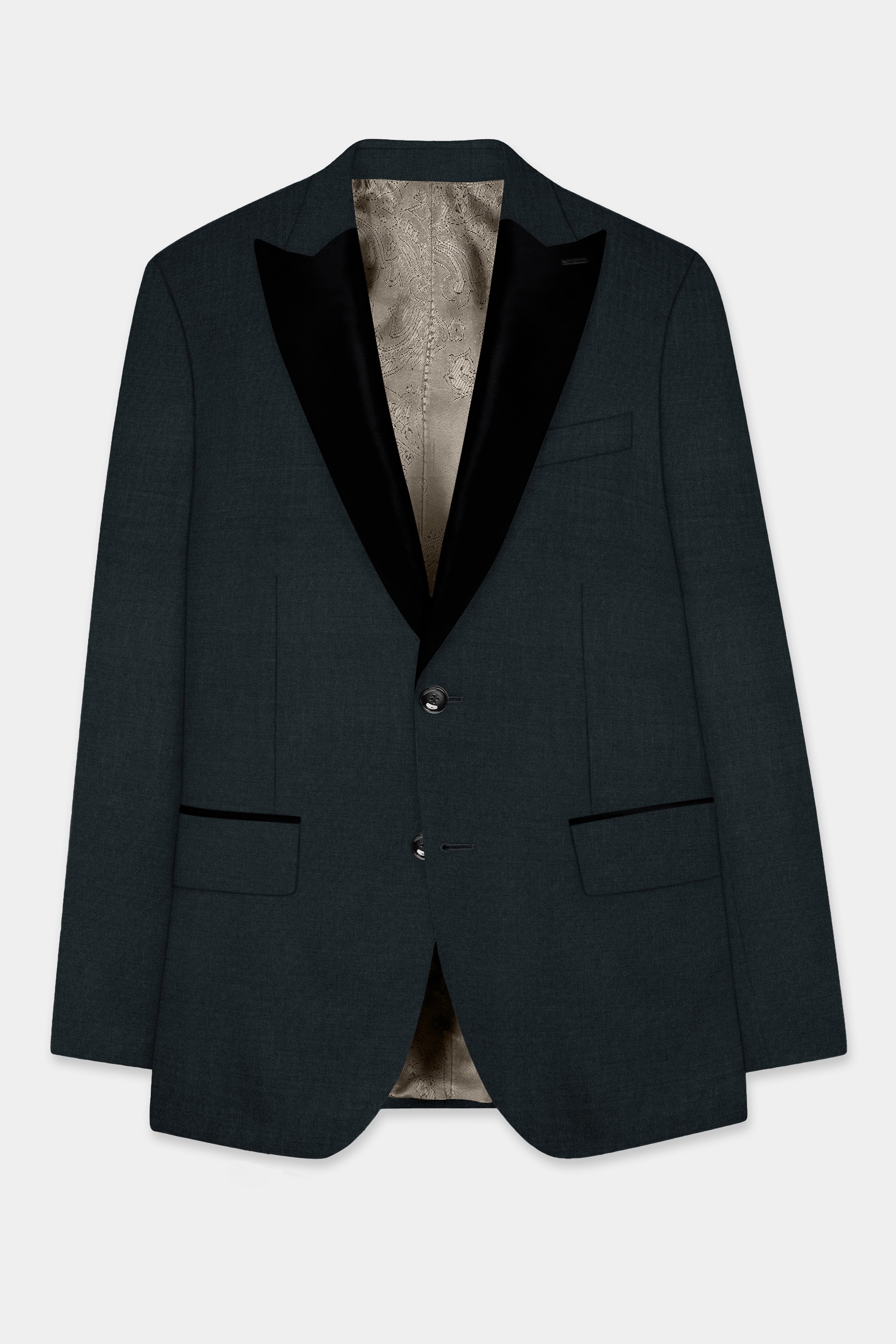 Racing Green Solid Wool Blend Peak Collar Tuxedo Blazer