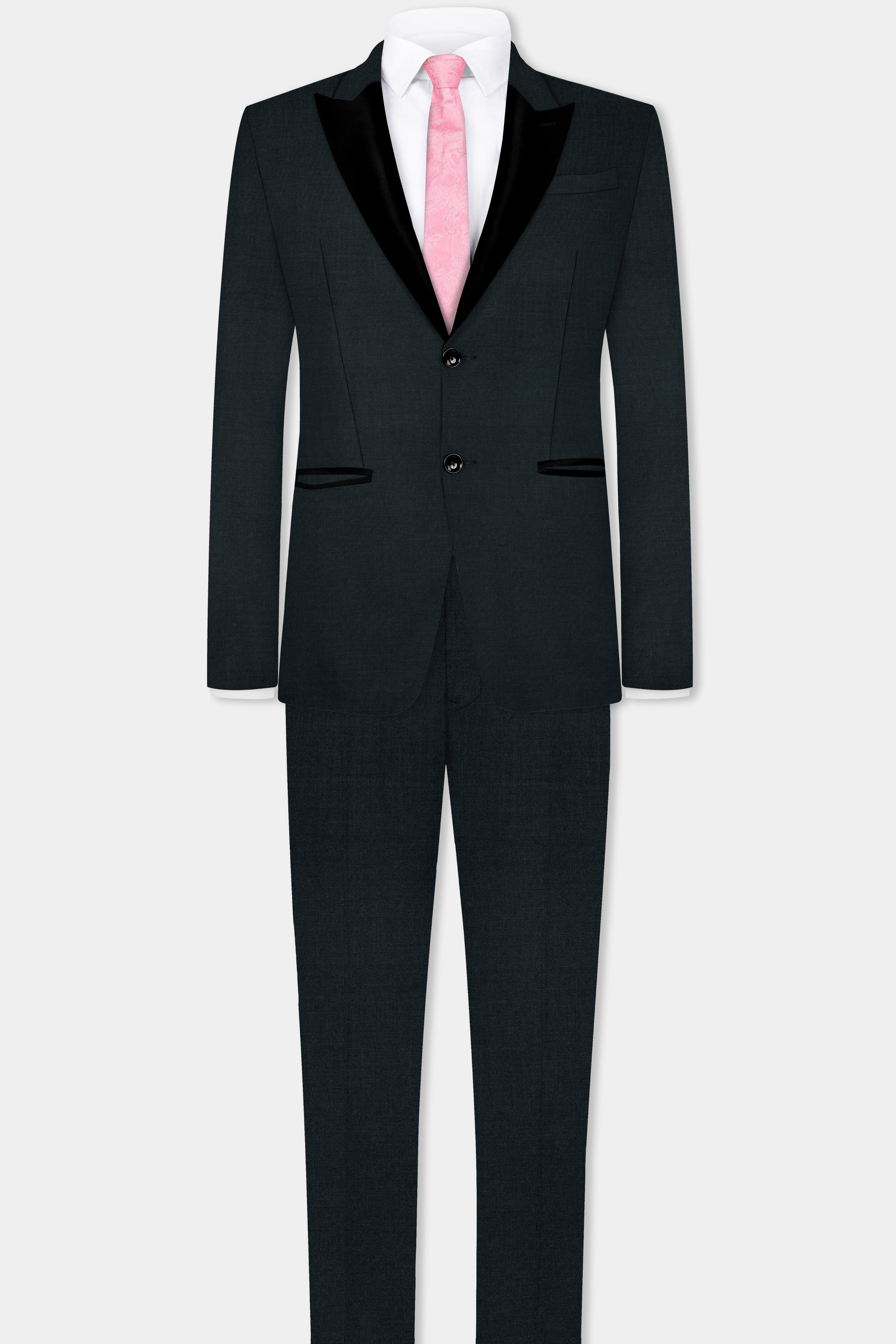 Racing Green Solid Wool Blend Peak Collar Tuxedo Blazer