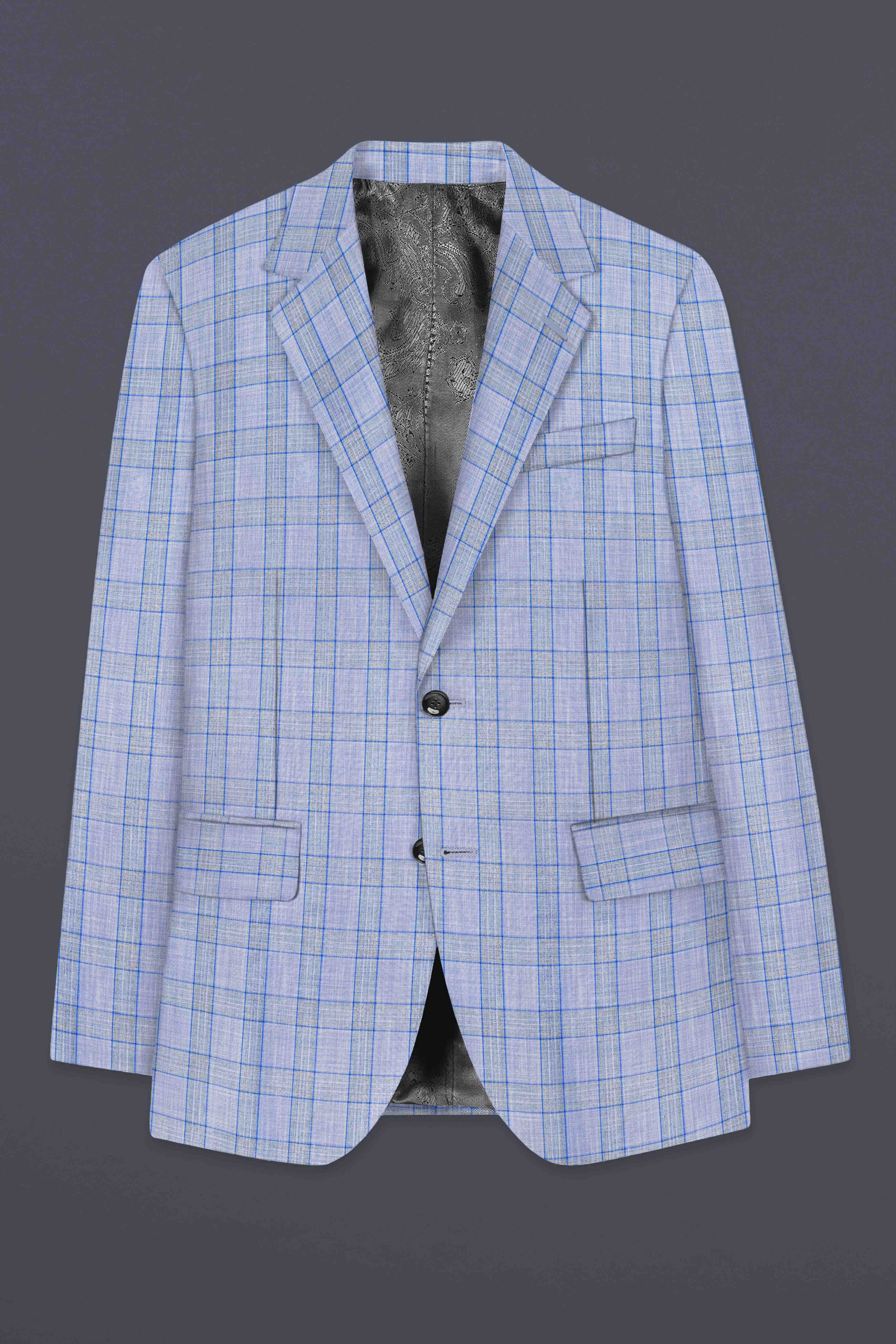 Carolina Blue Plaid Wool Blend Single Breasted Blazer