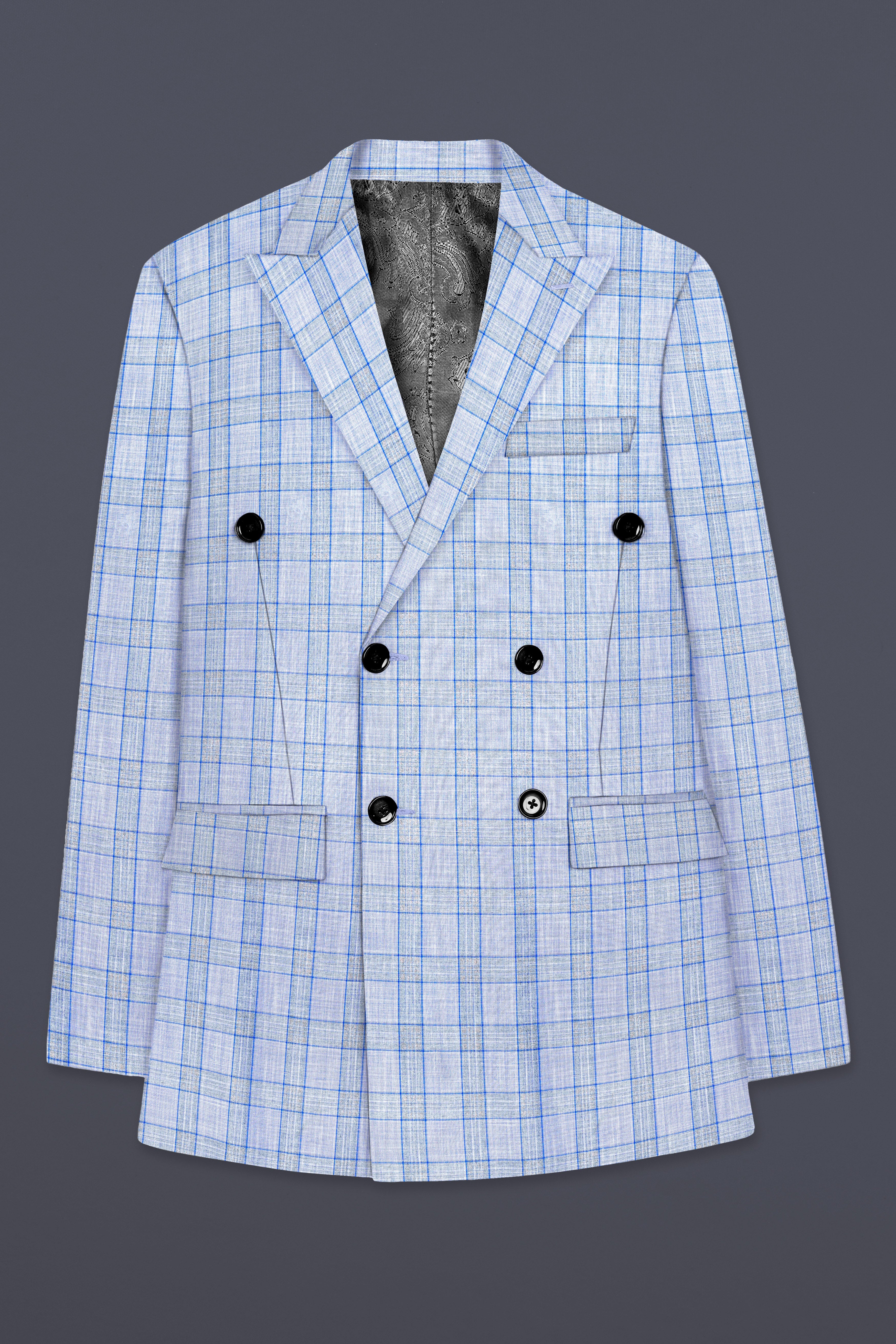 Carolina Blue Plaid Wool Blend Double Breasted Blazer