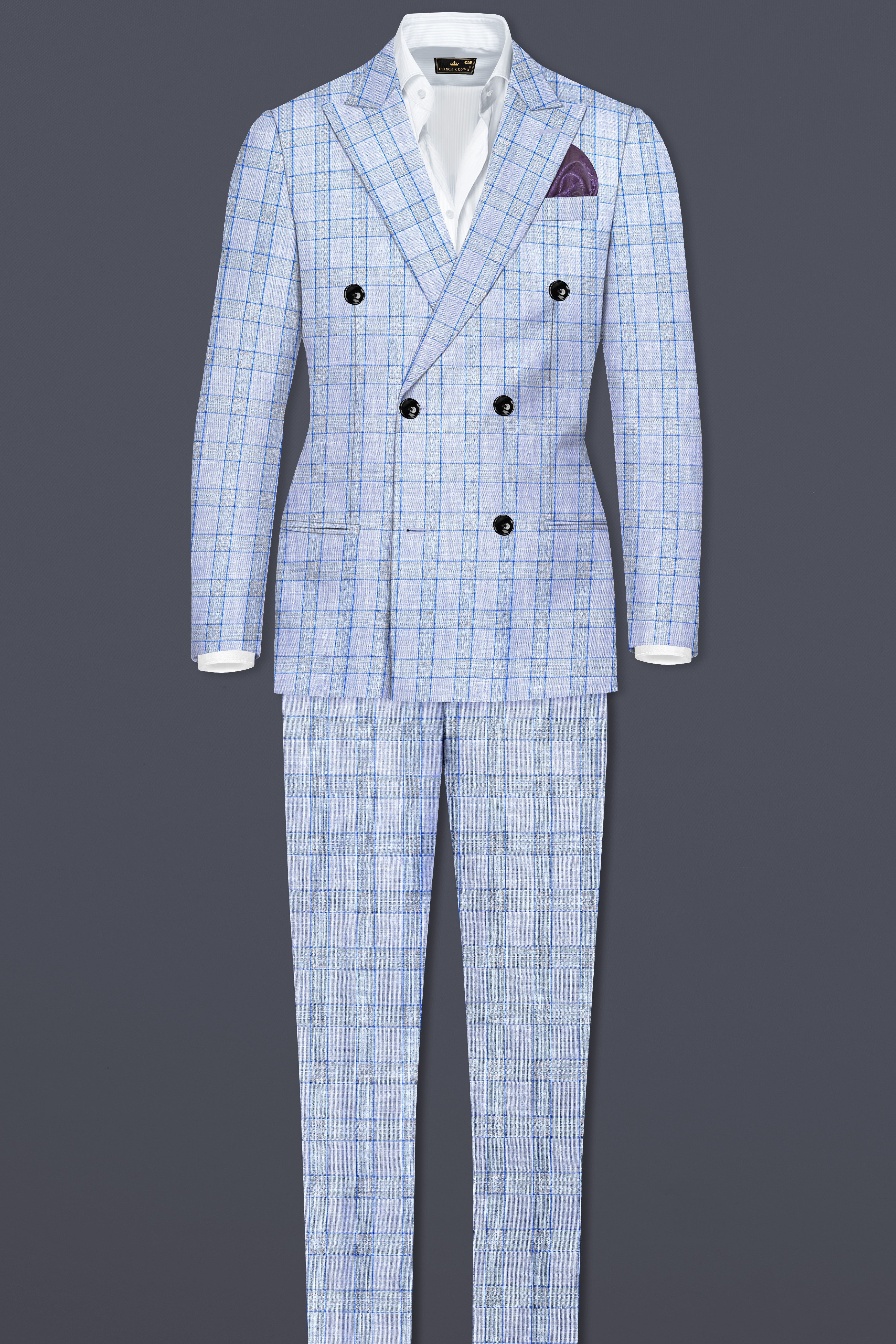 Carolina Blue Plaid Wool Blend Double Breasted Blazer