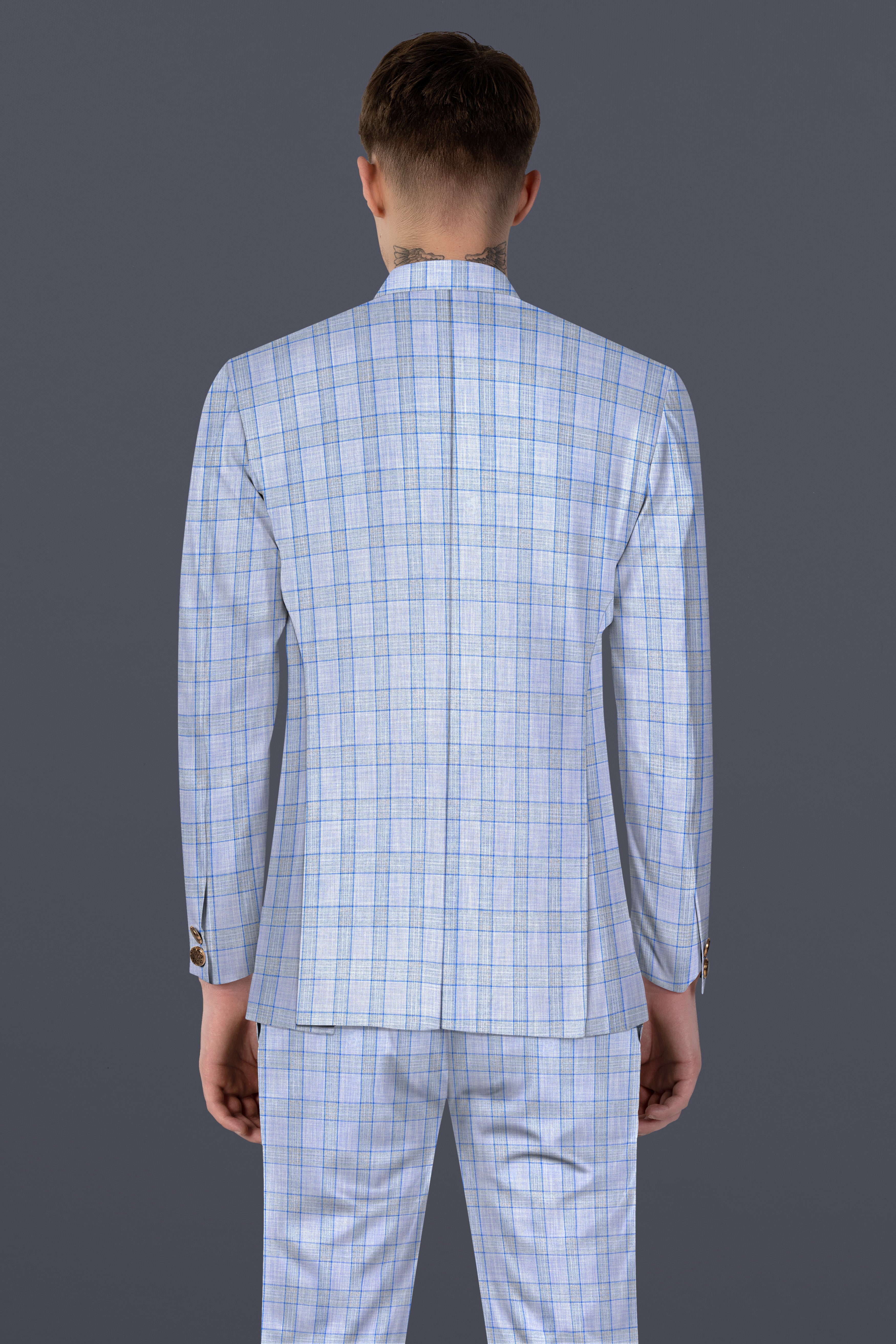 Carolina Blue Plaid Wool Blend Bandhgala Blazer