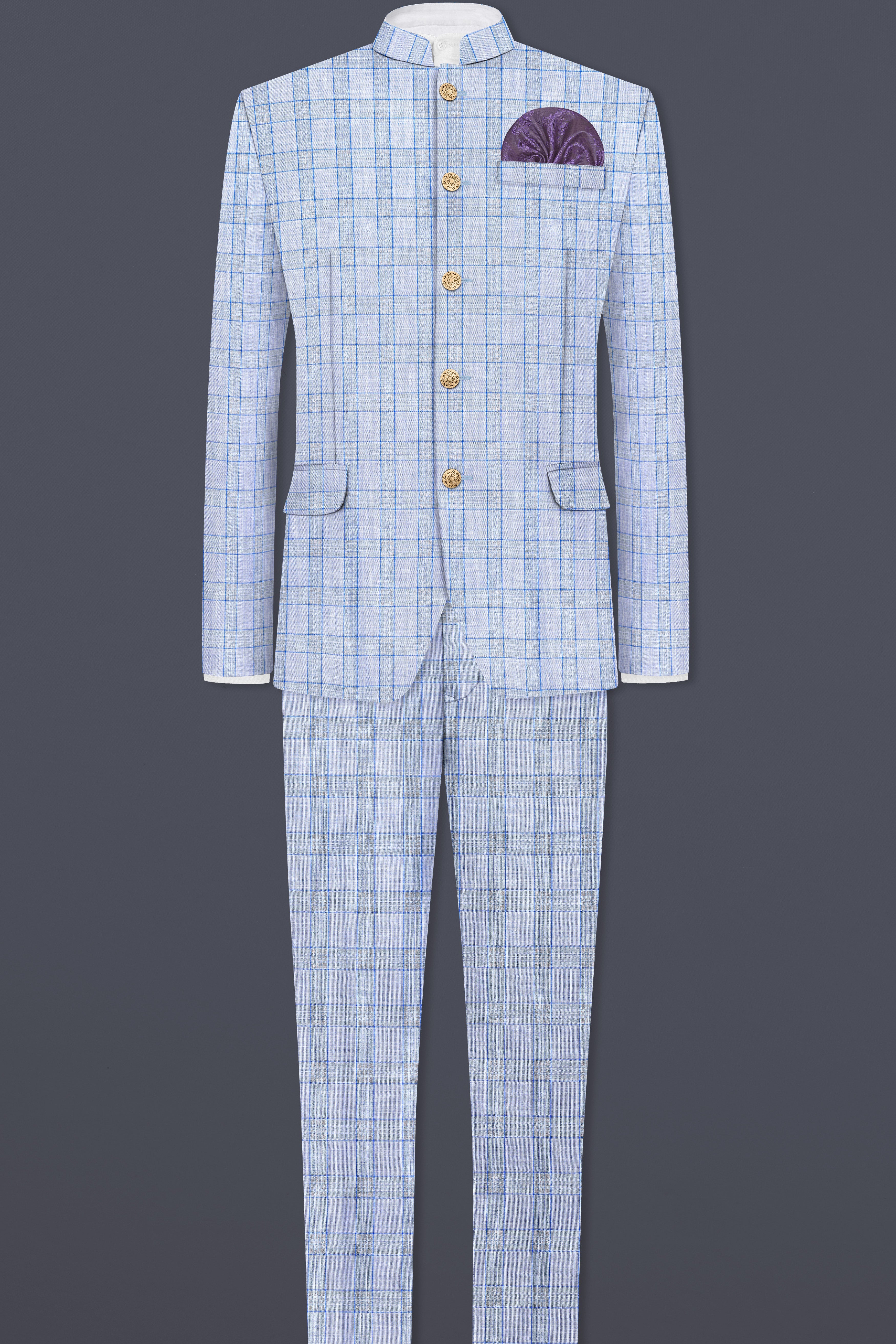 Carolina Blue Plaid Wool Blend Bandhgala Blazer