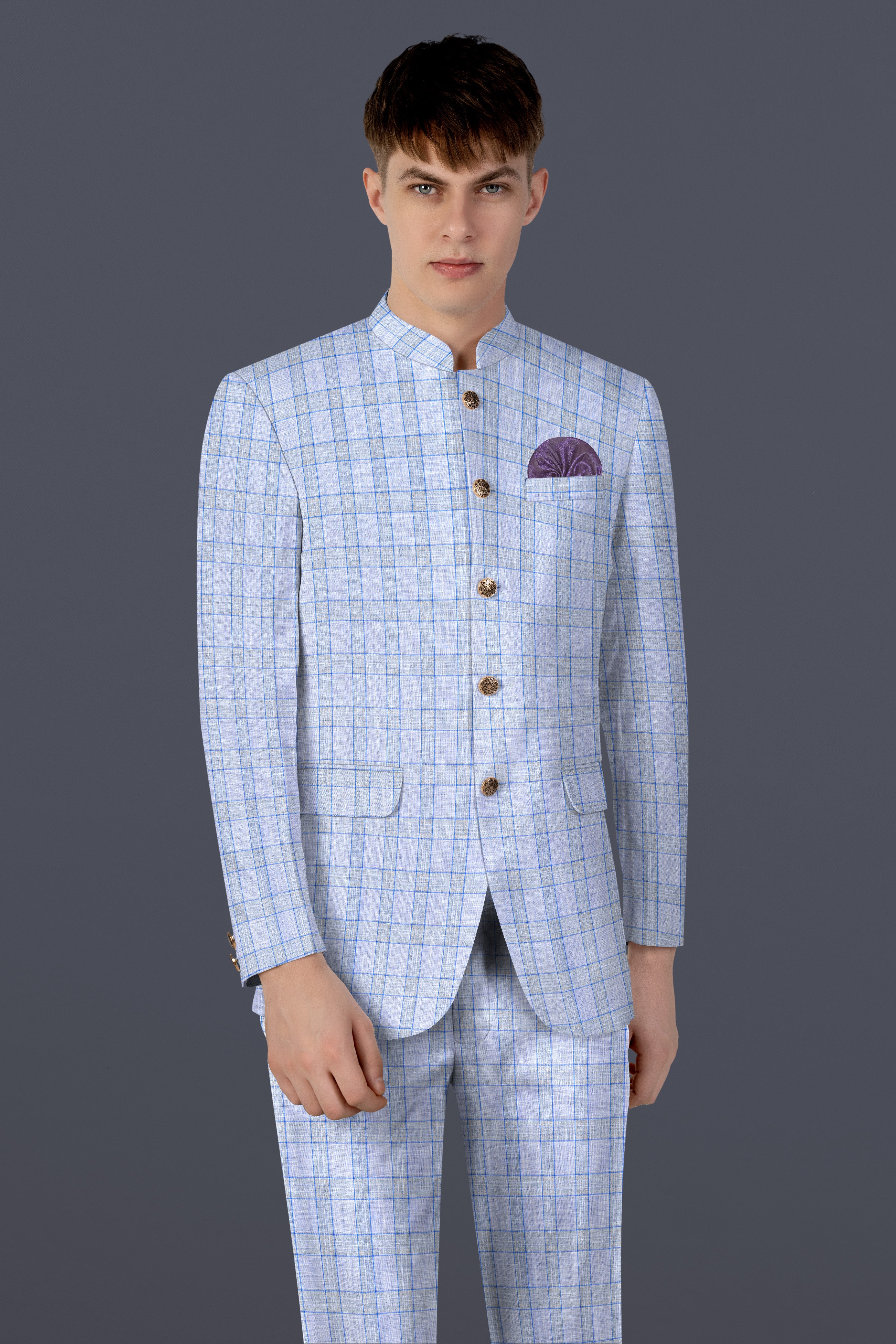 Carolina Blue Plaid Wool Blend Bandhgala Blazer