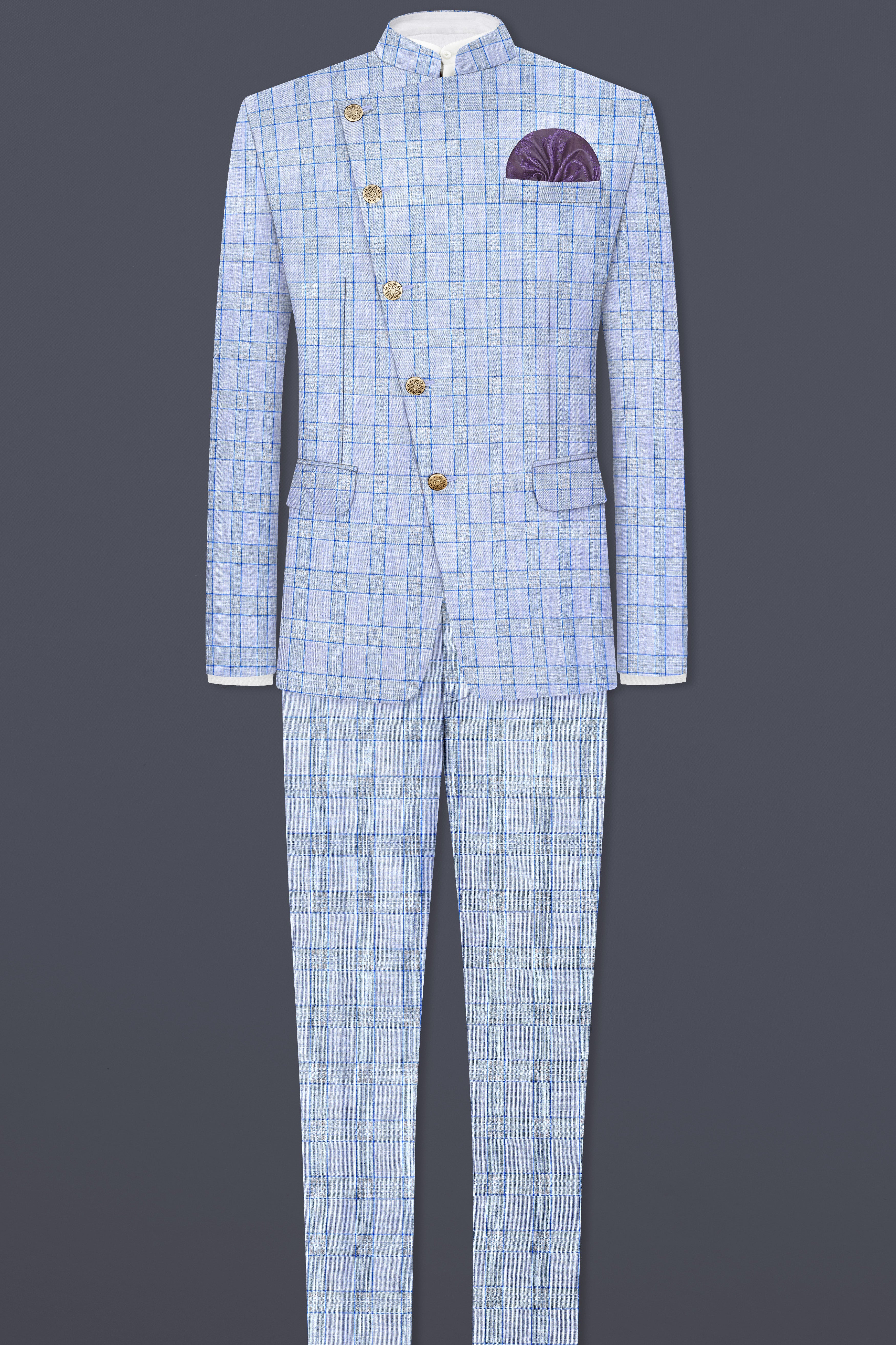 Carolina Blue Plaid Wool Blend Cross Placket Bandhgala Blazer