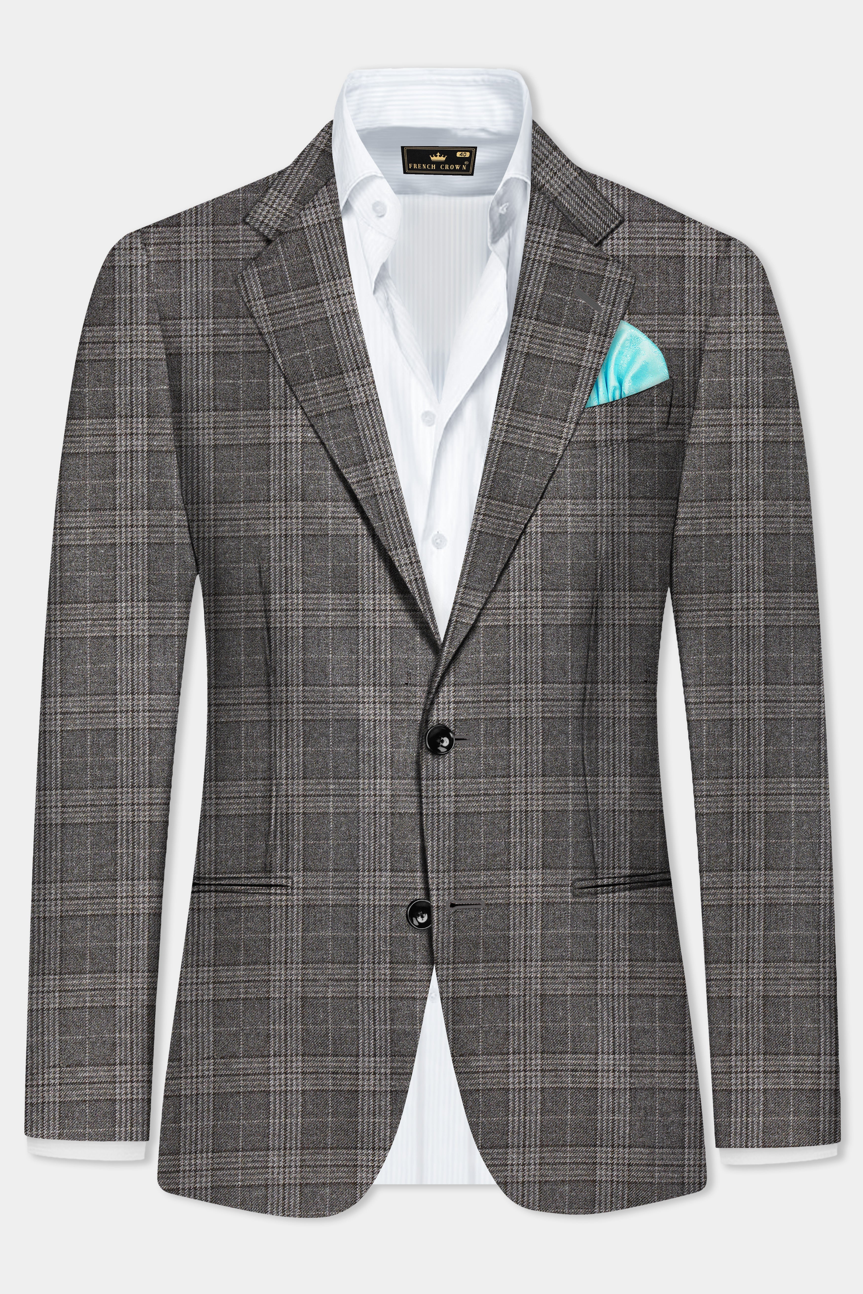 Iridium Gray Plaid Tweed Wool Blend Single Breasted Blazer