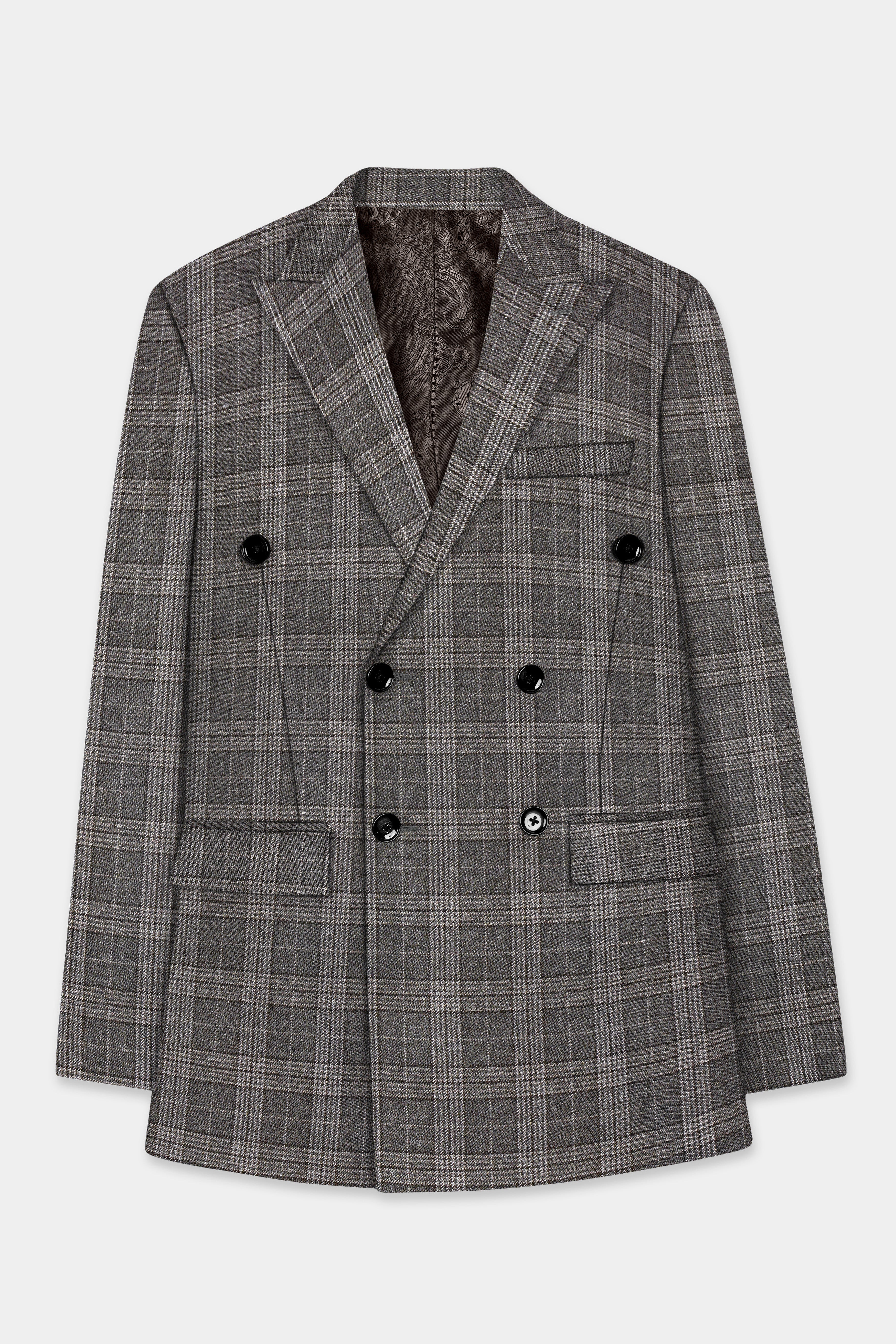 Iridium Gray Plaid Tweed Wool Blend Double Breasted Blazer