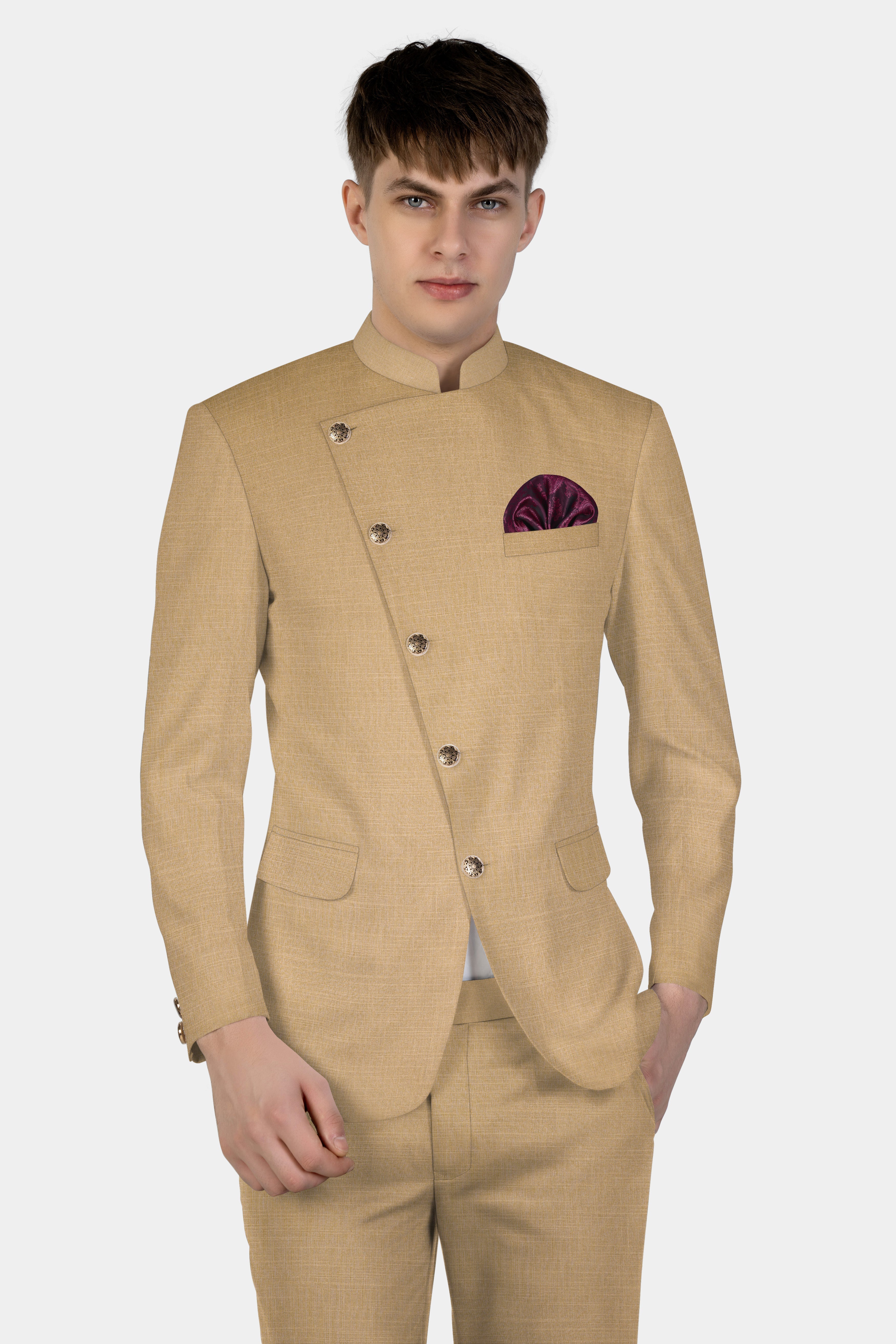 Sandrift Cream Luxurious Linen Cross Placket Bandhgala Blazer