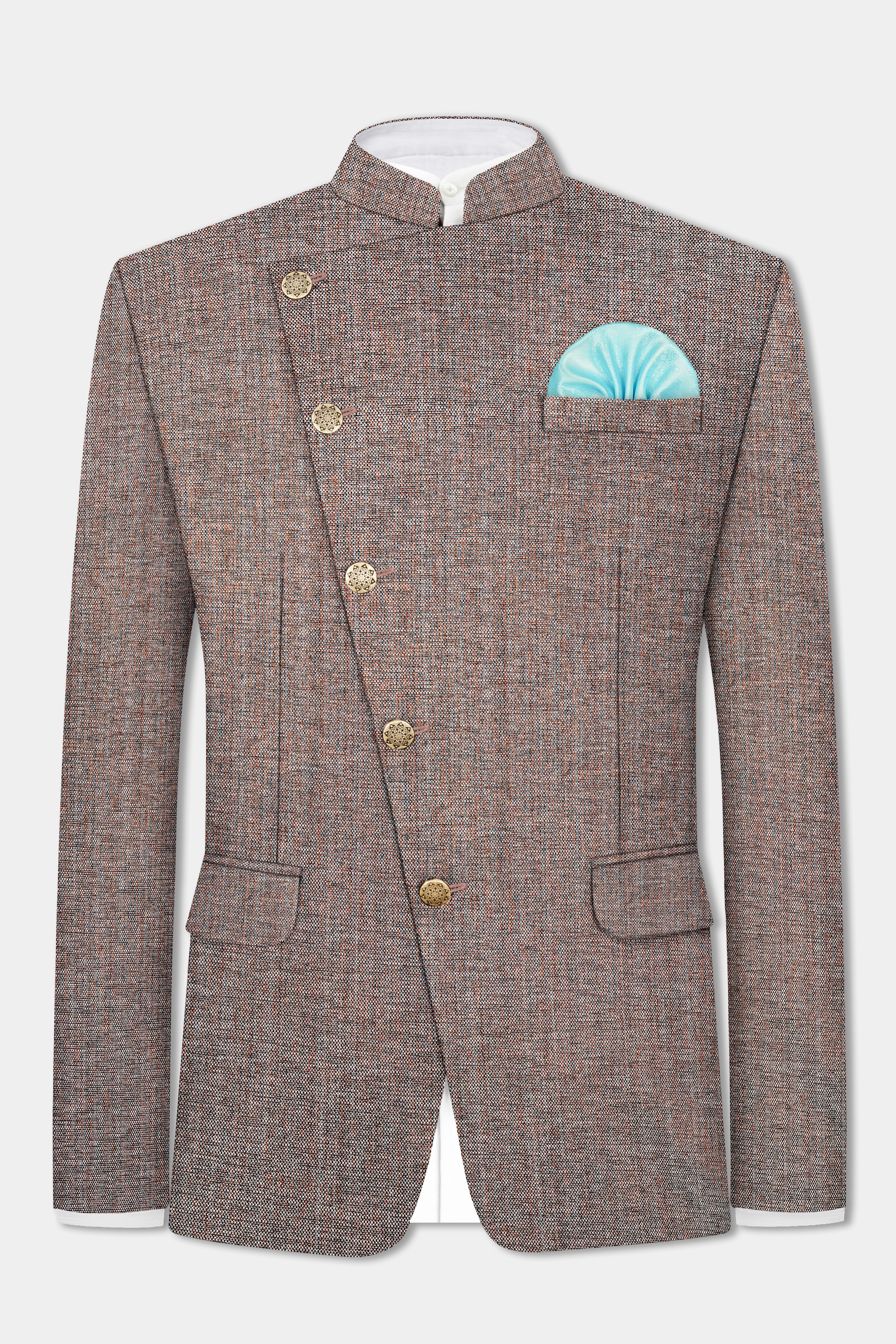 Ferra Brown Textured Cross Placket Bandhgala Blazer