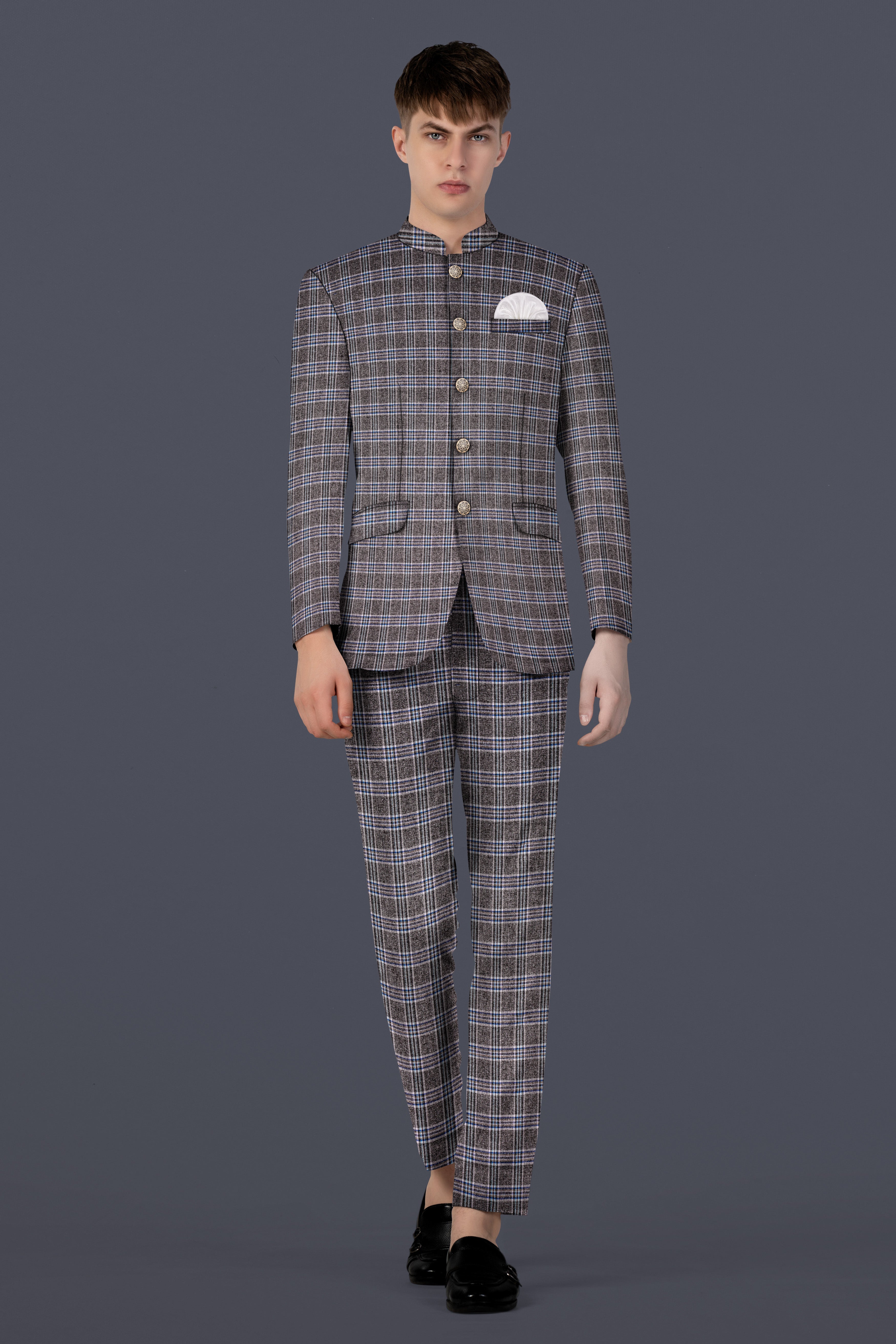 Ironside Grey Plaid Wool Blend Bandhgala Blazer