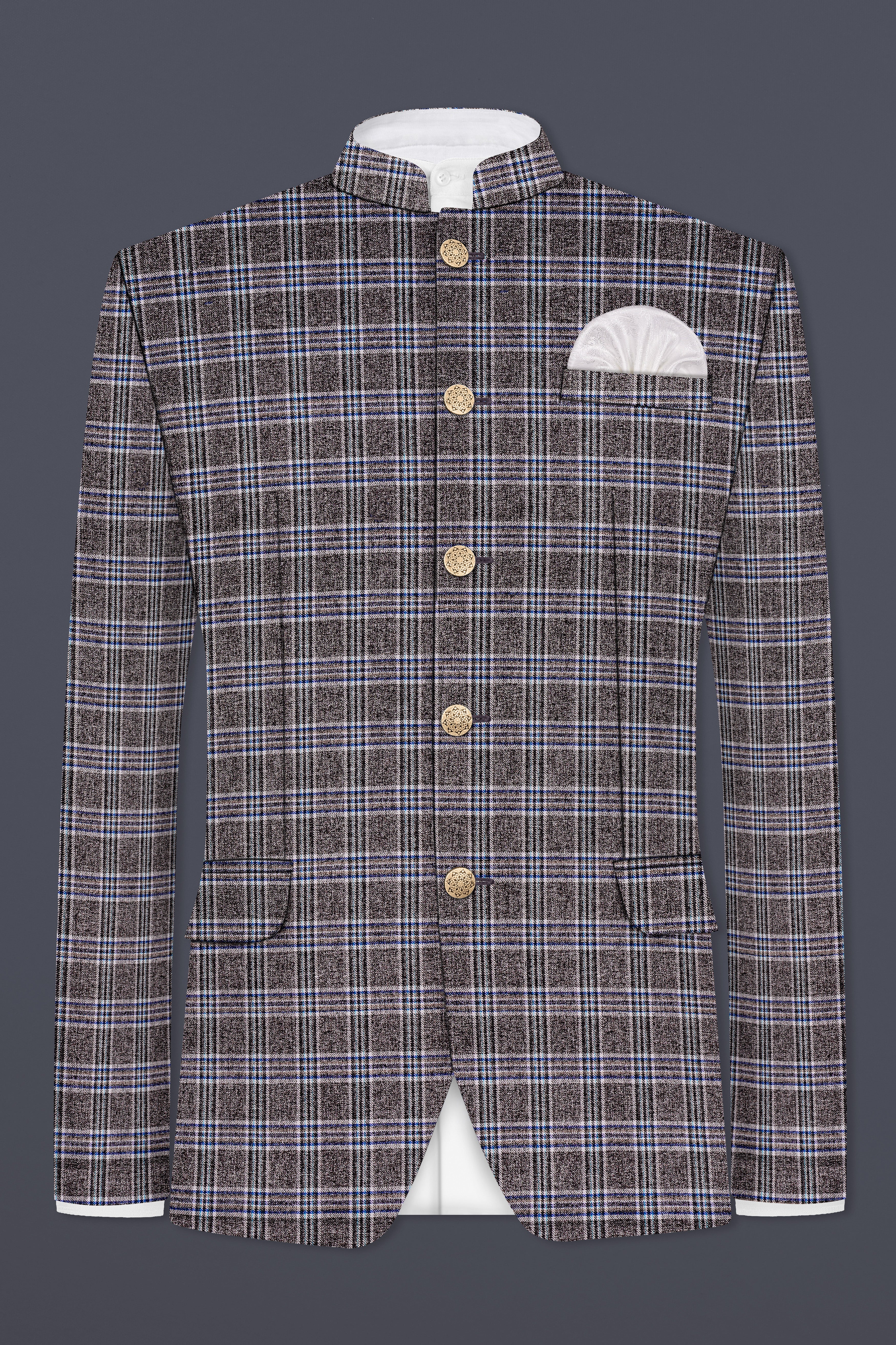 Ironside Grey Plaid Wool Blend Bandhgala Blazer