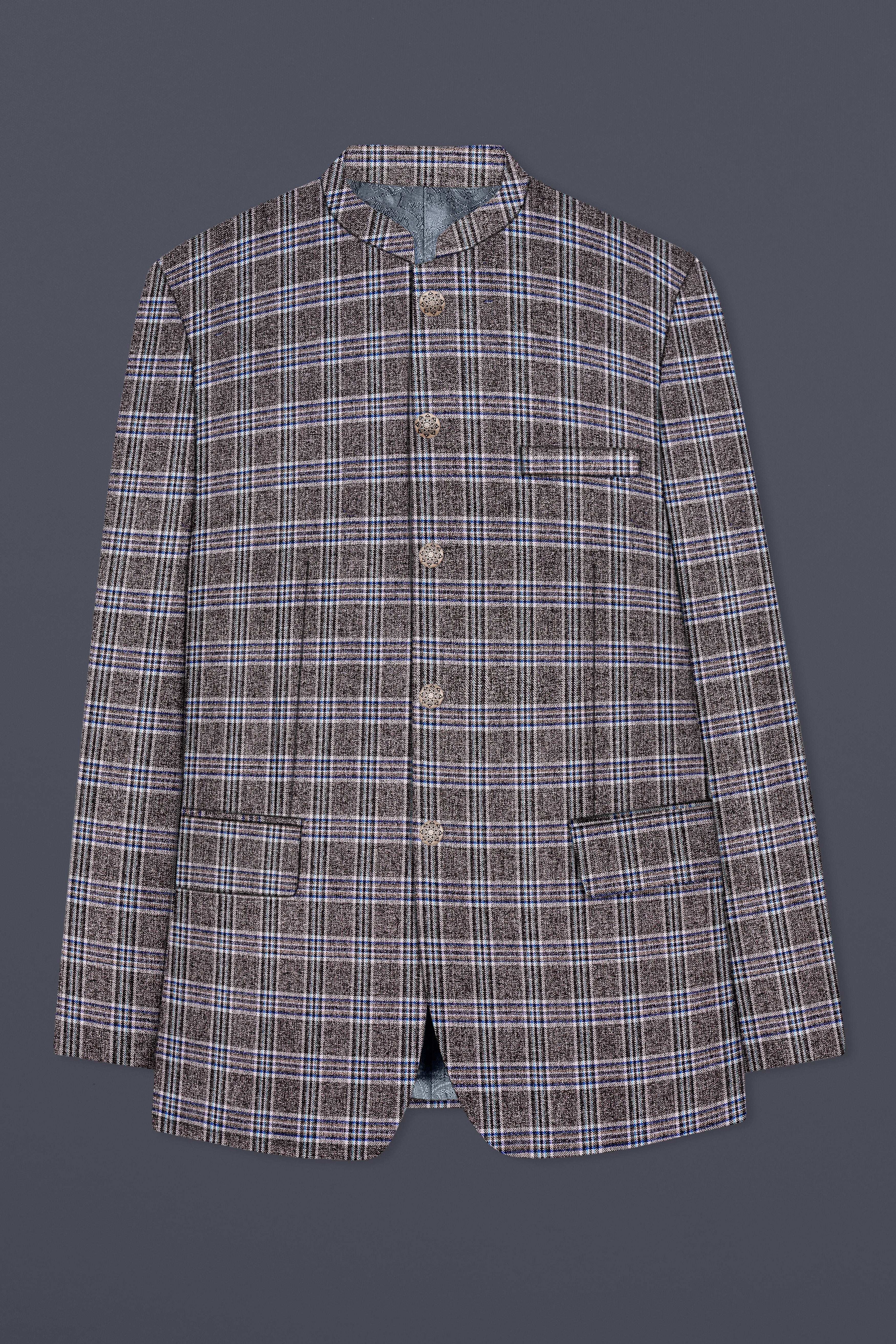 Ironside Grey Plaid Wool Blend Bandhgala Blazer