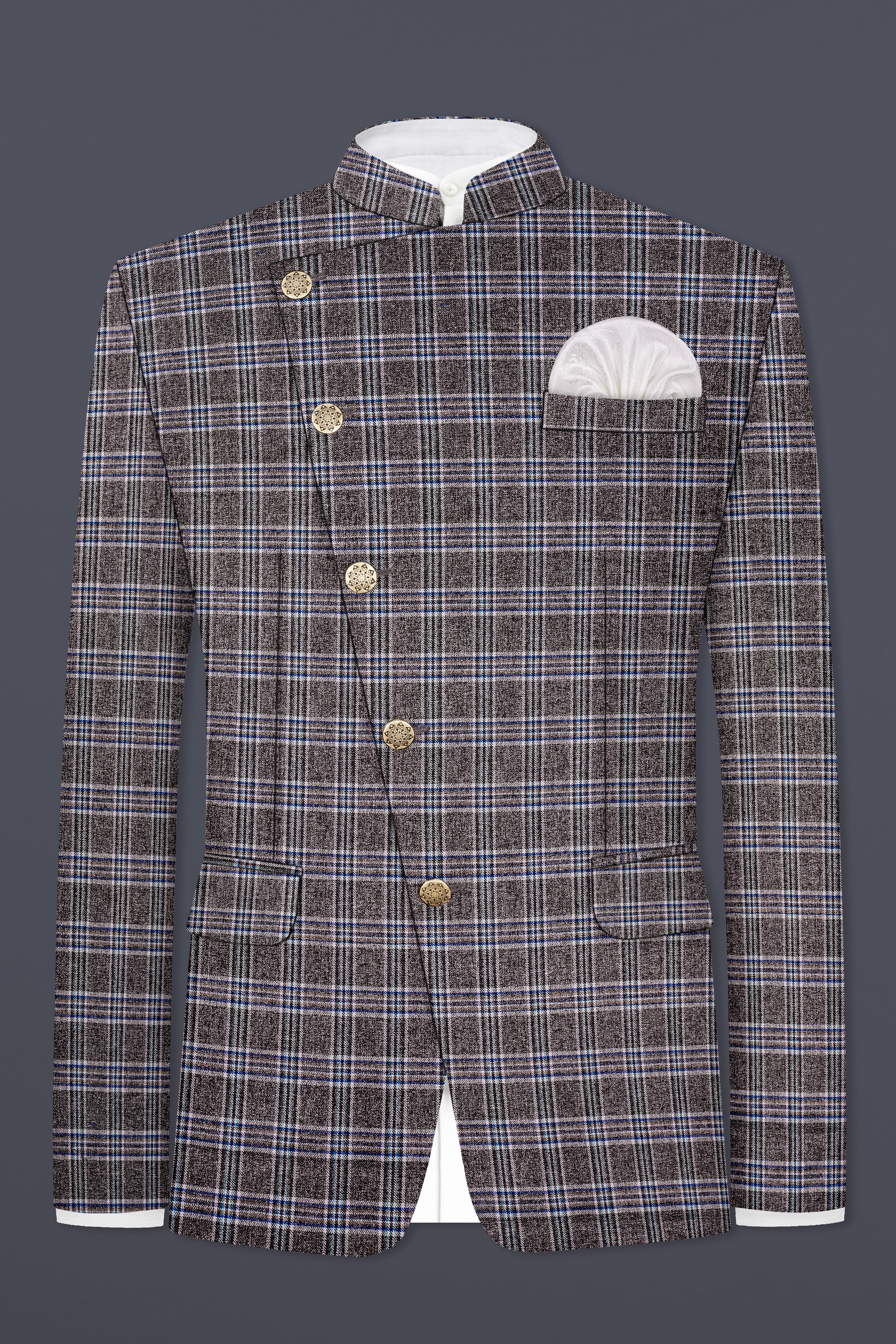 Ironside Grey Plaid Wool Blend Cross Placket Bandhgala Blazer