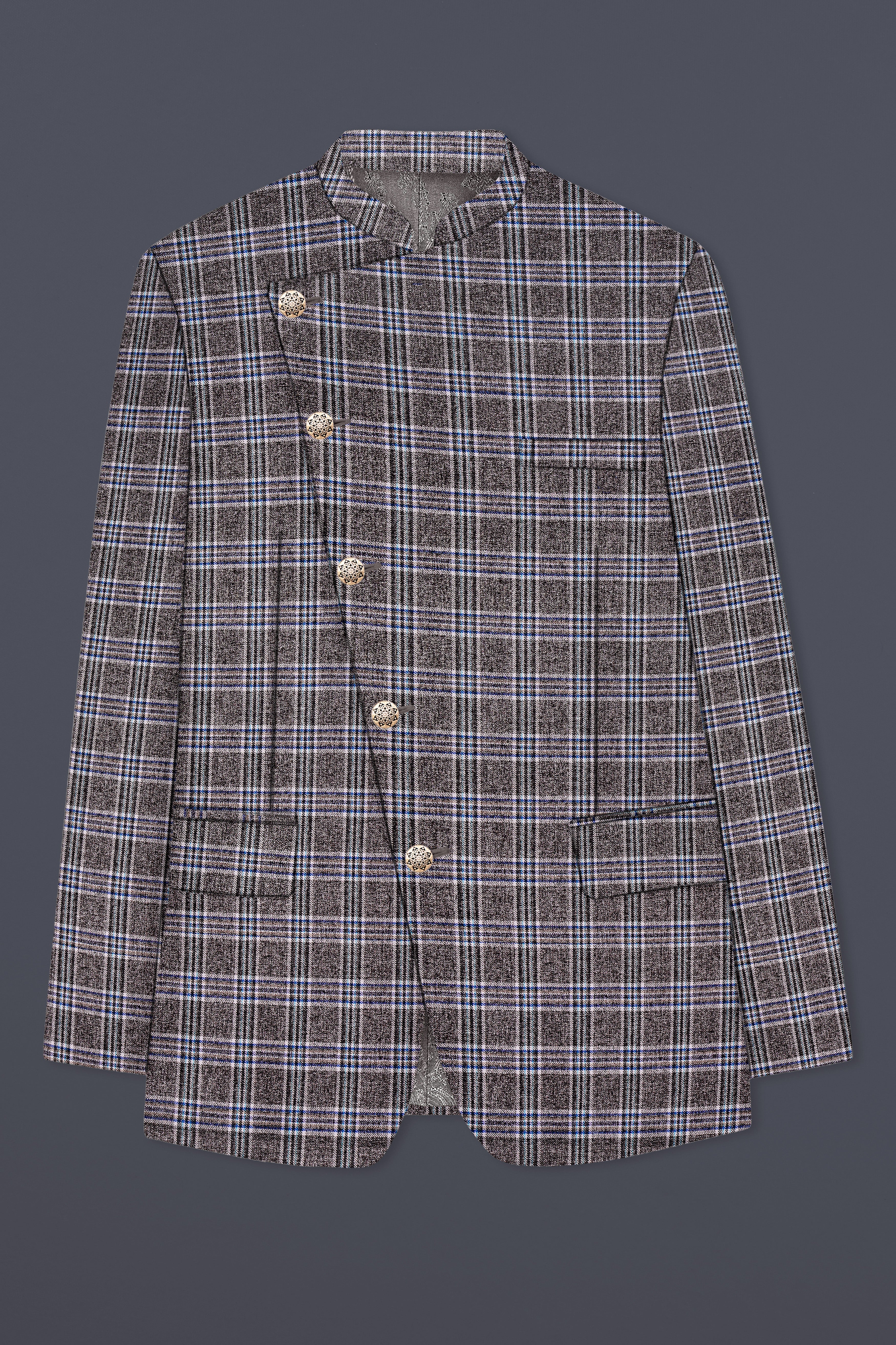 Ironside Grey Plaid Wool Blend Cross Placket Bandhgala Blazer