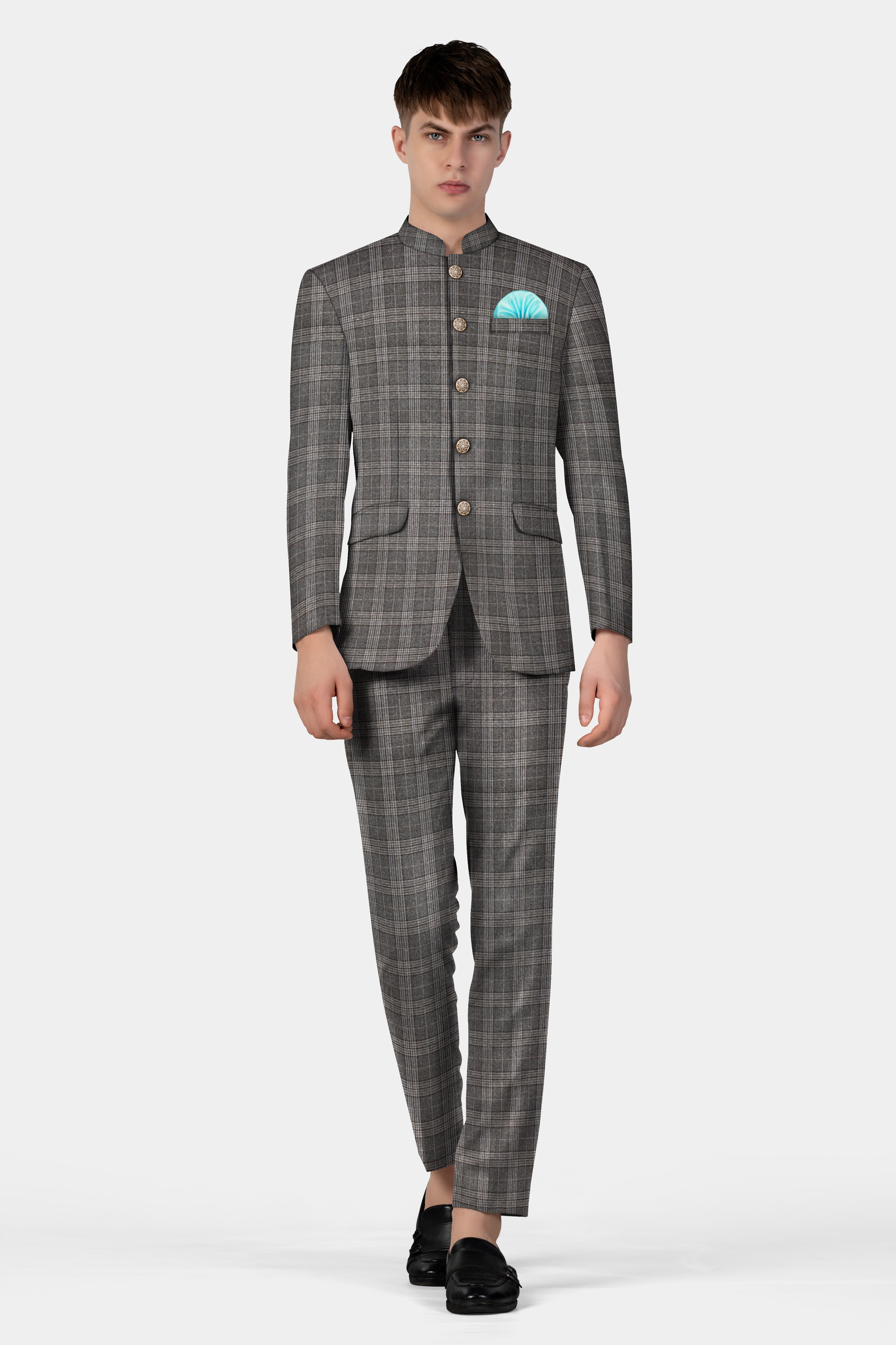 Iridium Gray Plaid Tweed Wool Blend Bandhgala Blazer