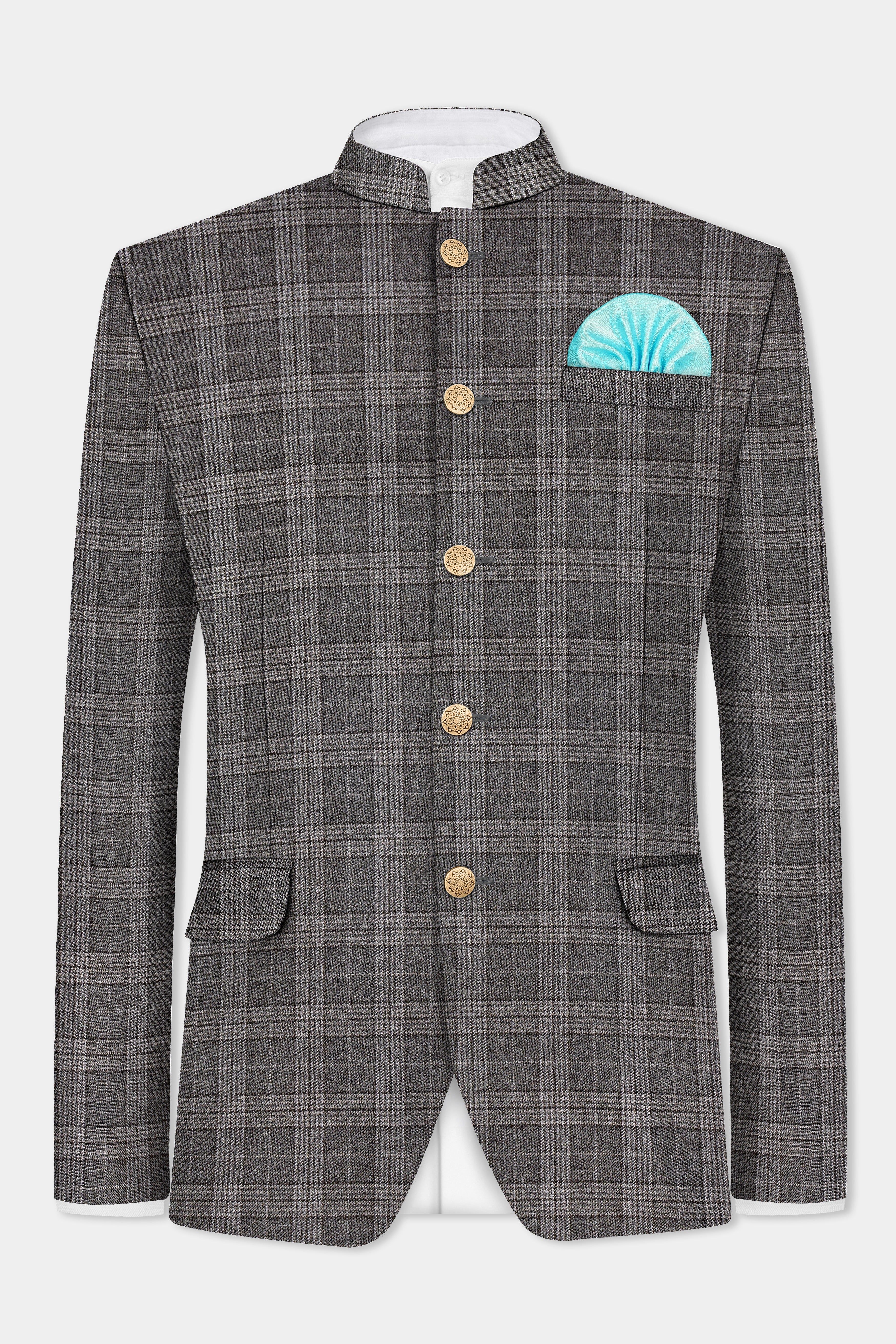 Iridium Gray Plaid Tweed Wool Blend Bandhgala Blazer