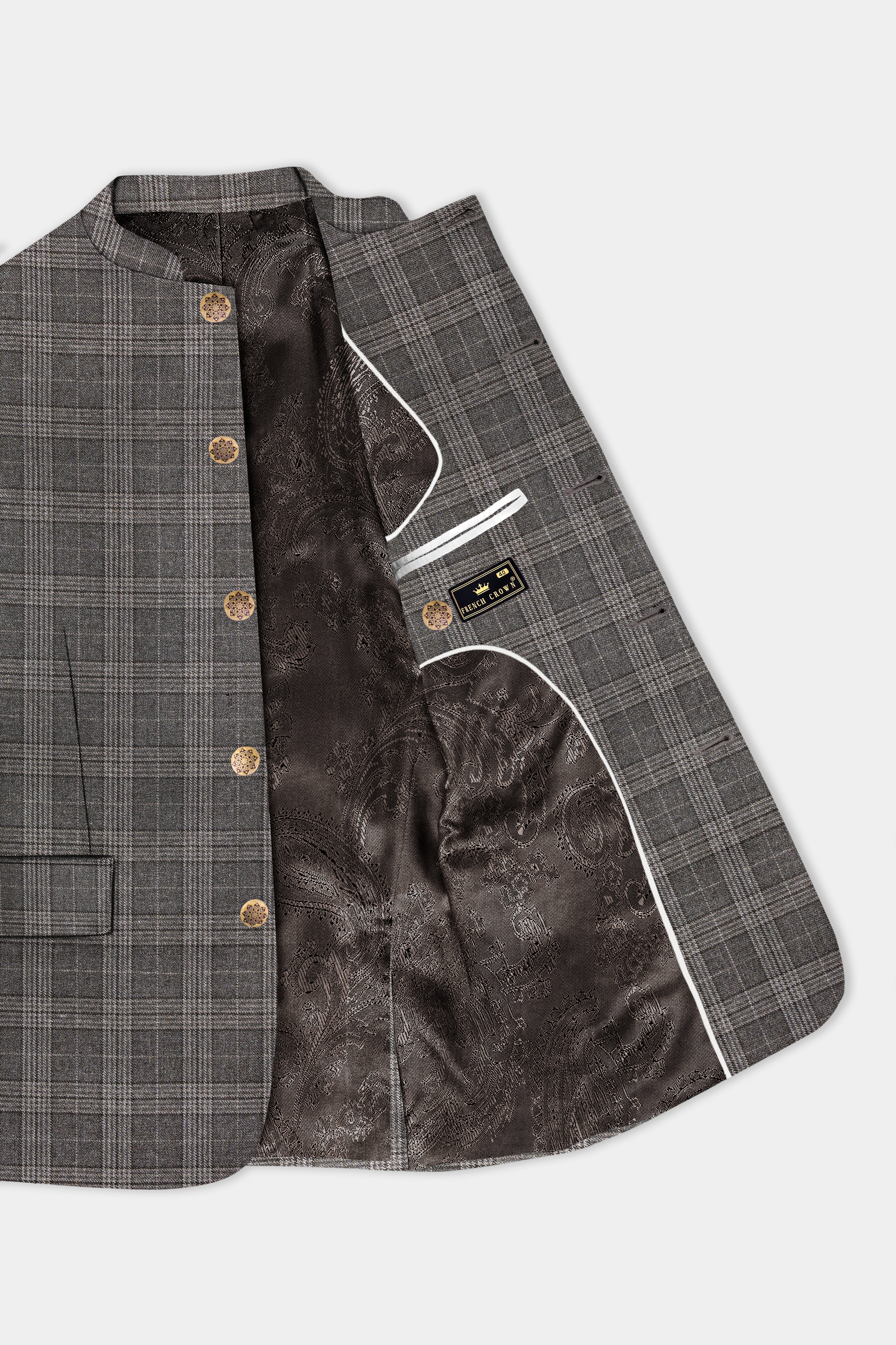 Iridium Gray Plaid Tweed Wool Blend Bandhgala Blazer