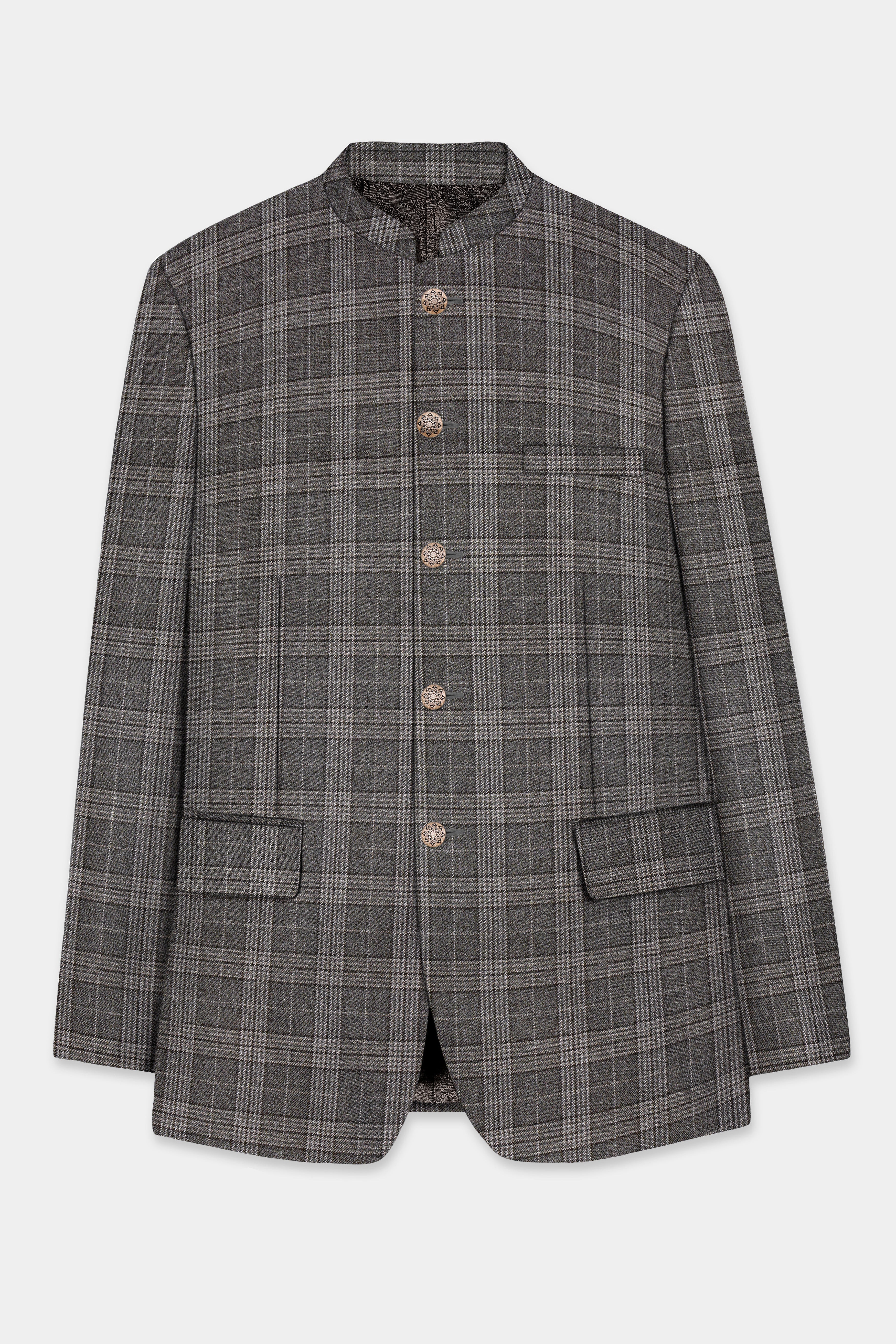 Iridium Gray Plaid Tweed Wool Blend Bandhgala Blazer