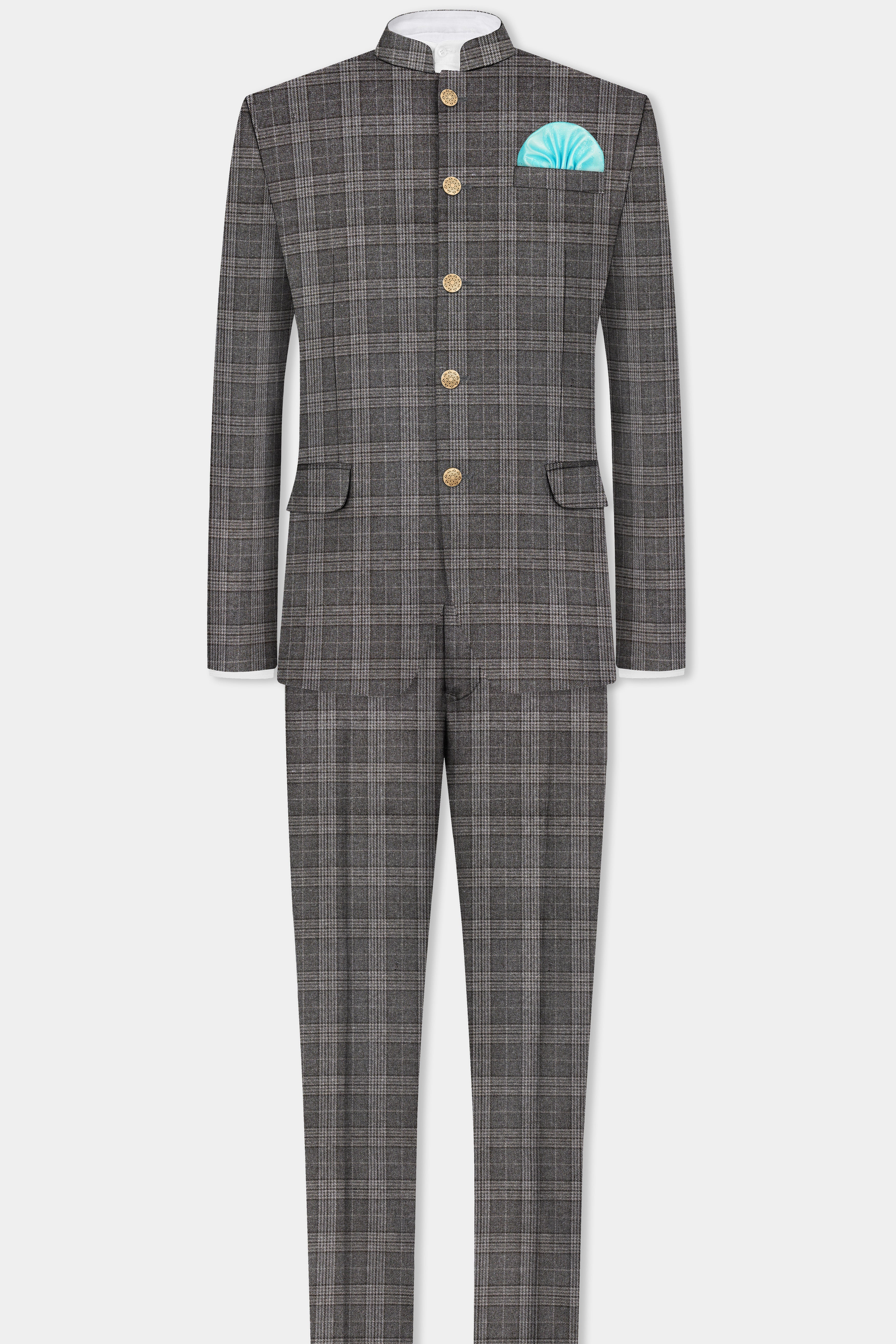 Iridium Gray Plaid Tweed Wool Blend Bandhgala Blazer