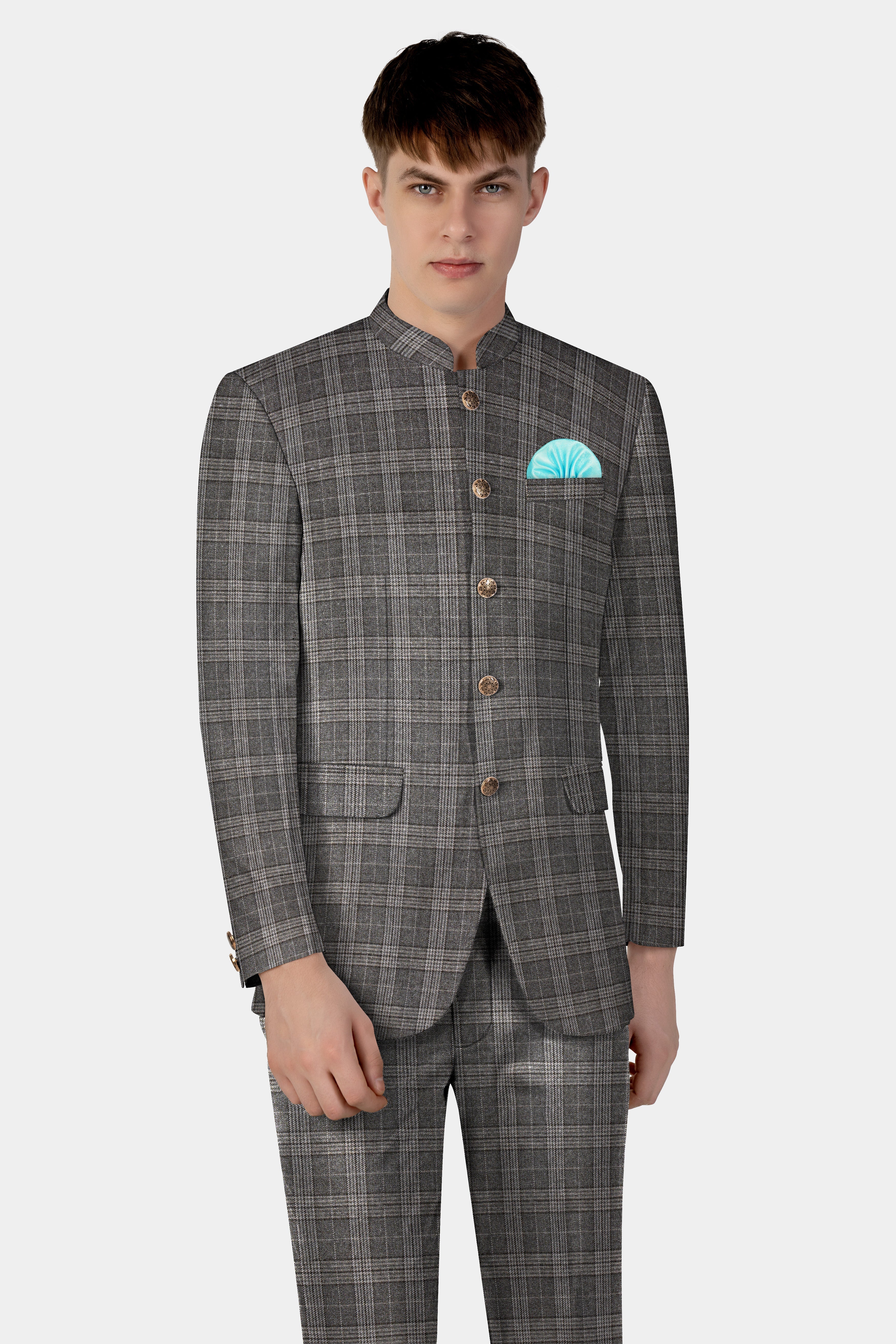 Iridium Gray Plaid Tweed Wool Blend Bandhgala Blazer