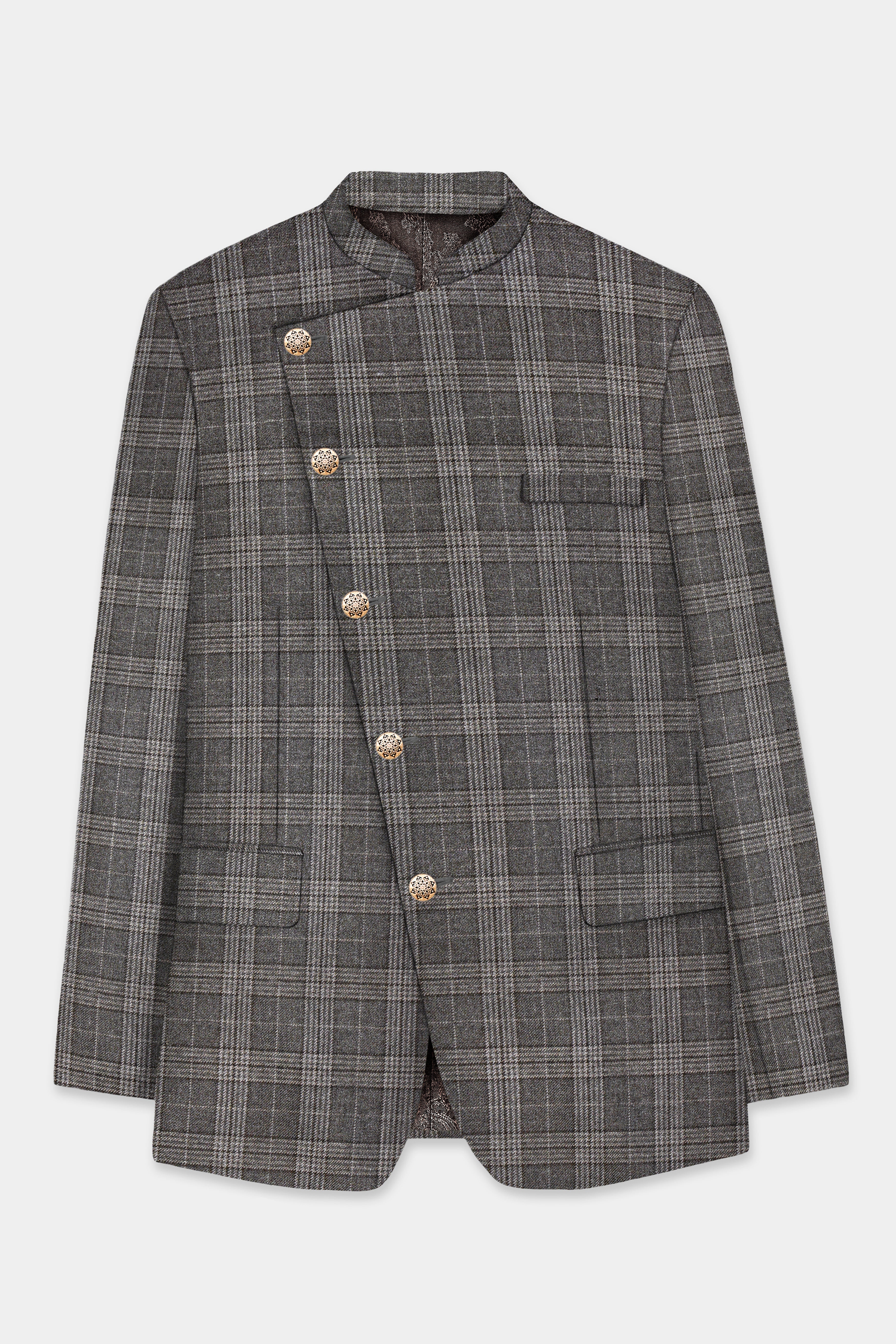 Iridium Gray Plaid Tweed Wool Blend Cross Placket Bandhgala Blazer