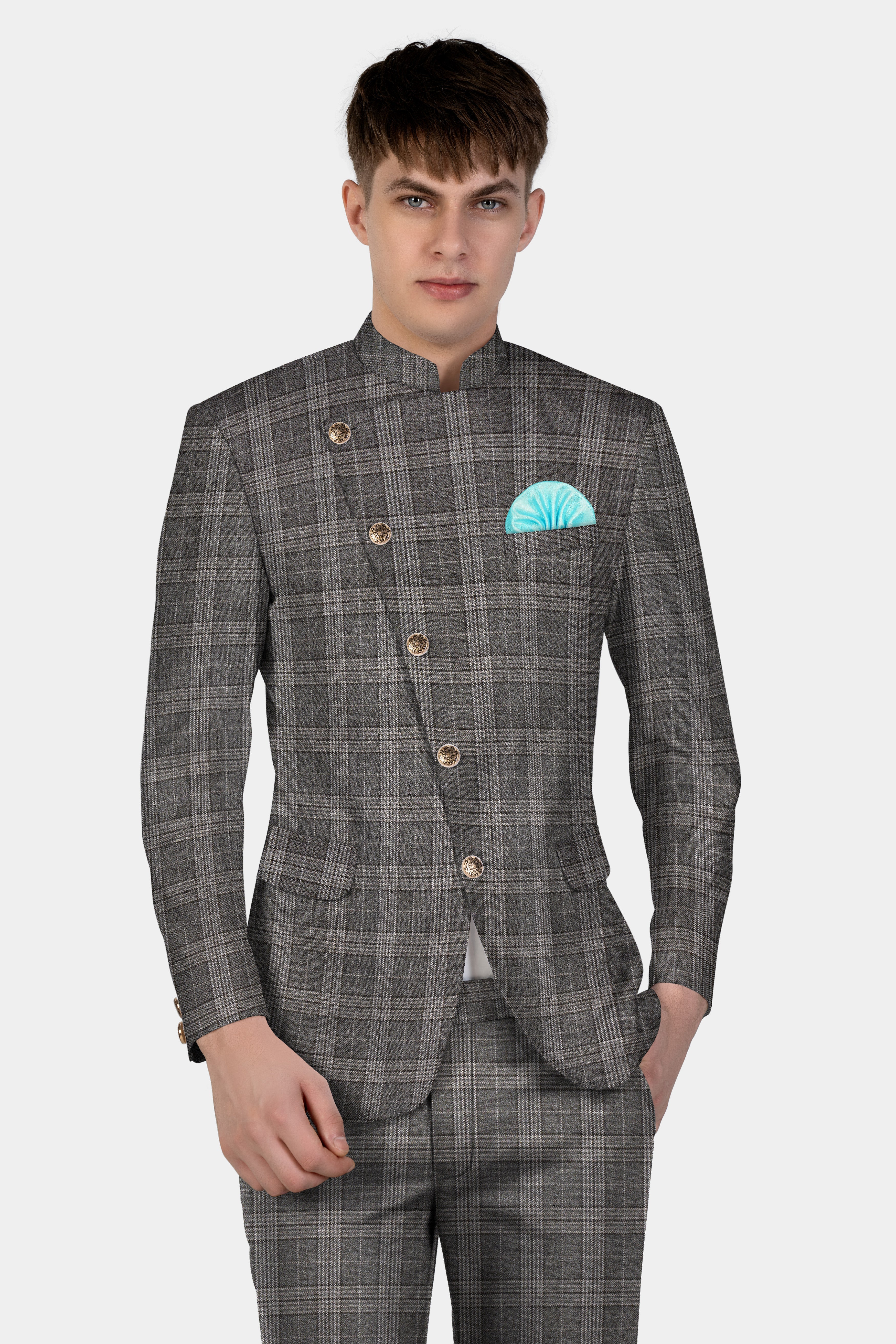 Iridium Gray Plaid Tweed Wool Blend Cross Placket Bandhgala Blazer