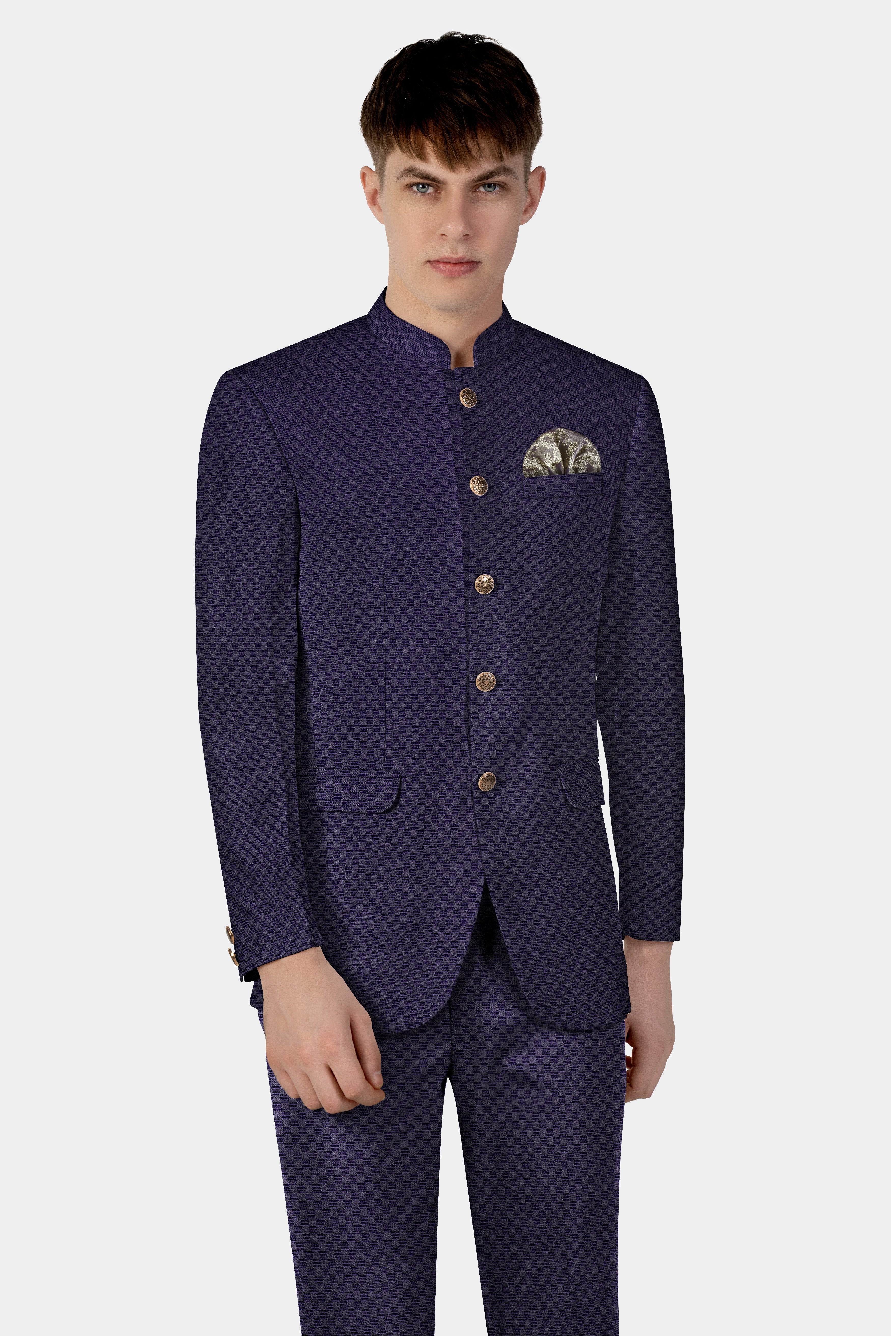 Ebony Purple Jacquard textured Bandhgala Blazer