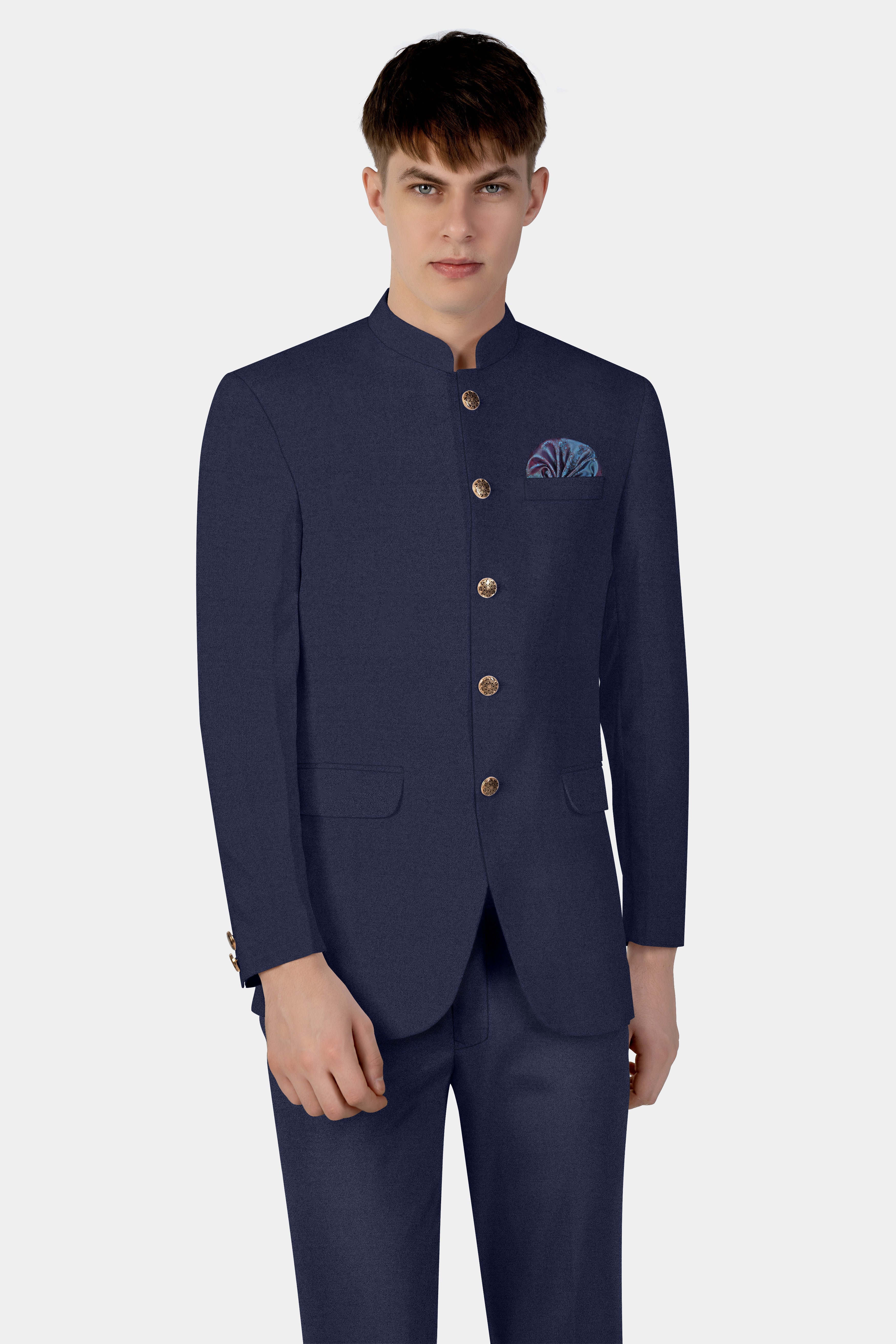 Space Cadet Blue Solid Wool Blend Bandhgala Blazer