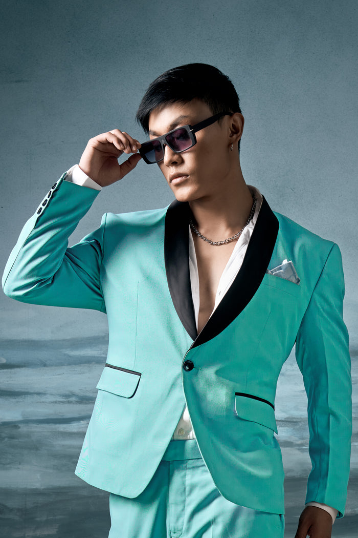 Korean Sinbad Blue Solid Wool Blend Tuxedo Blazer