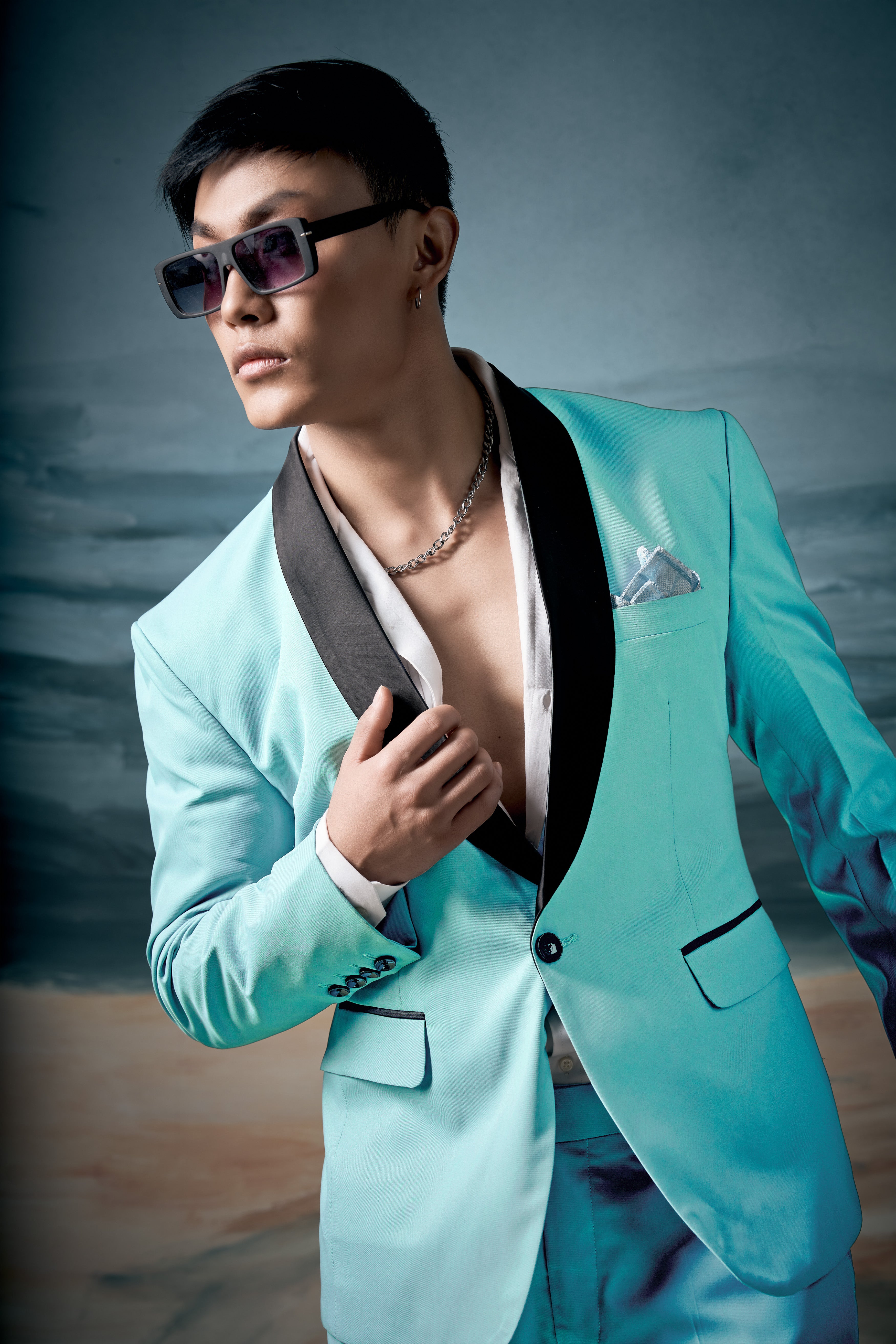 Korean Sinbad Blue Solid Wool Blend Tuxedo Blazer