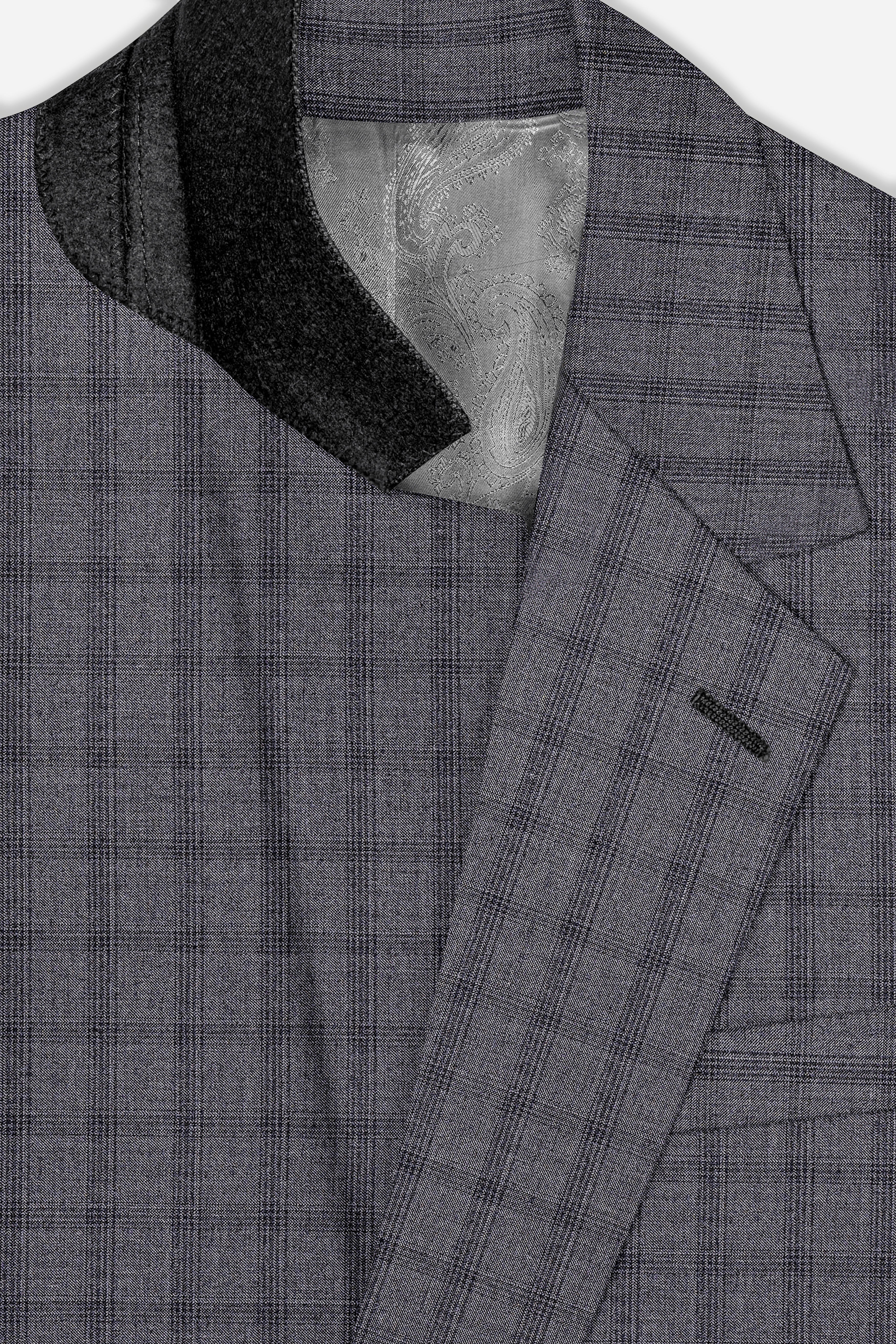 Gravel Gray Checked Wool Blend Single Breasted Blazer