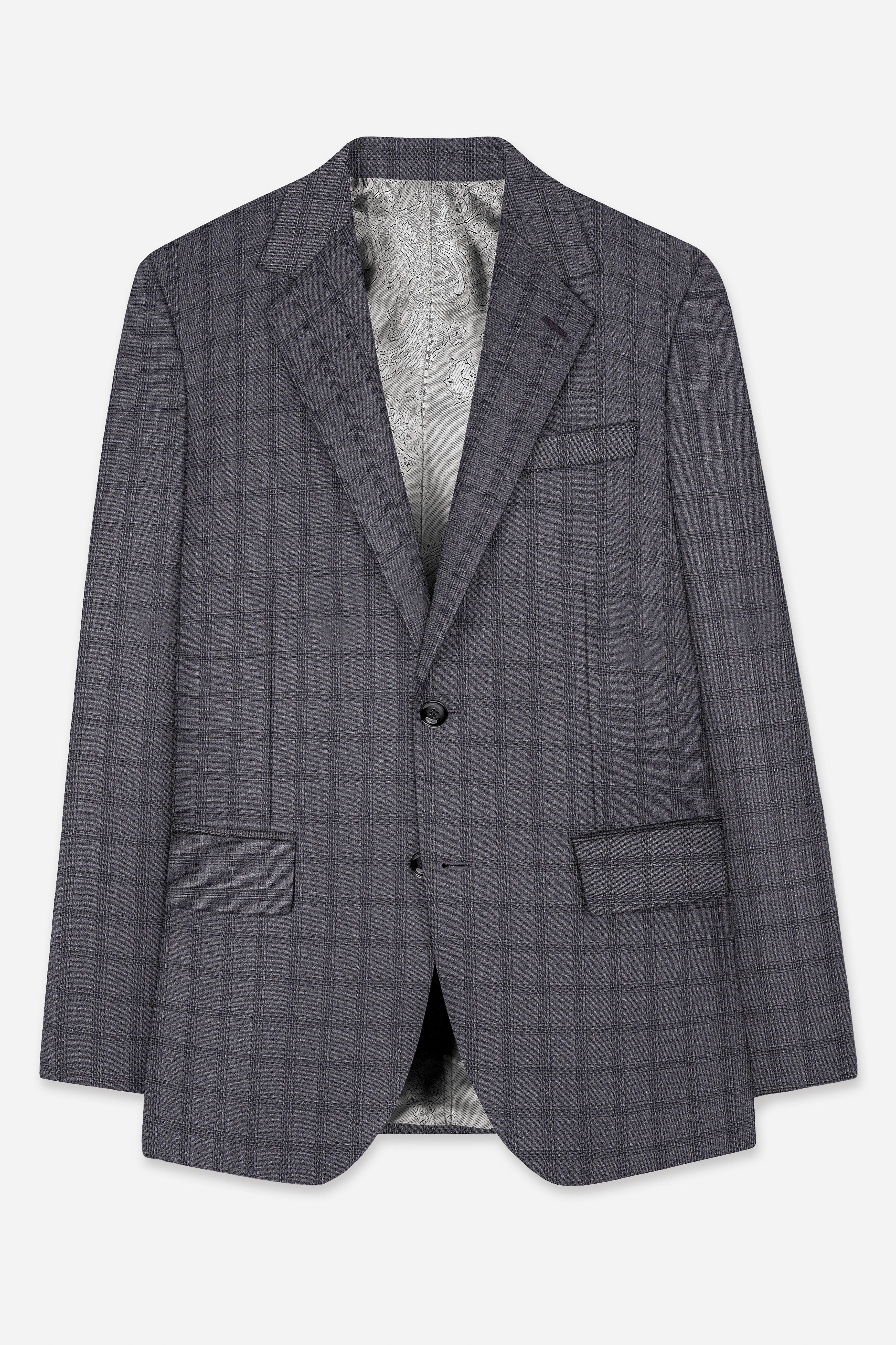 Gravel Gray Checked Wool Blend Single Breasted Blazer