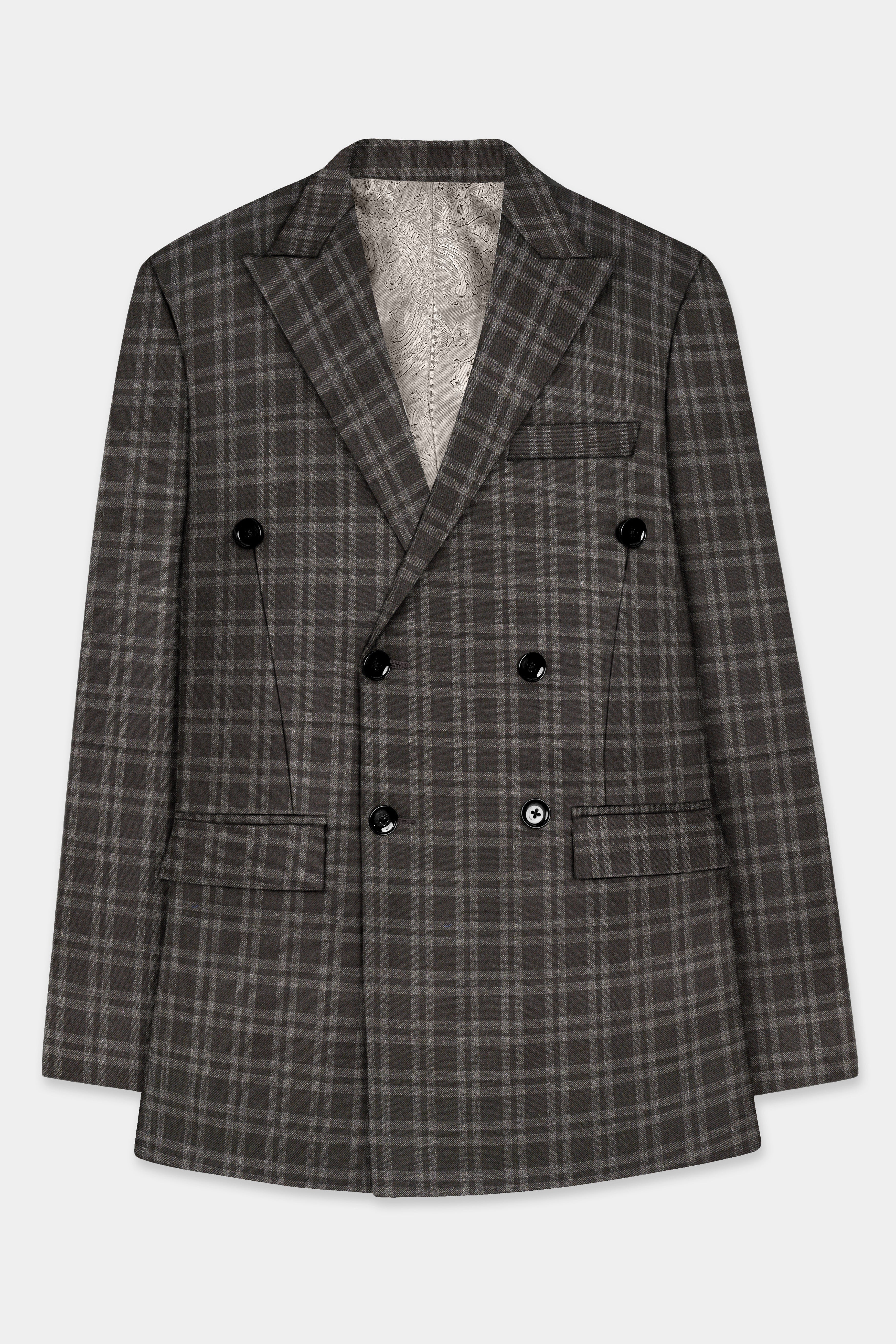 Espresso Brown Plaid Wool Blend Double Breasted Blazer