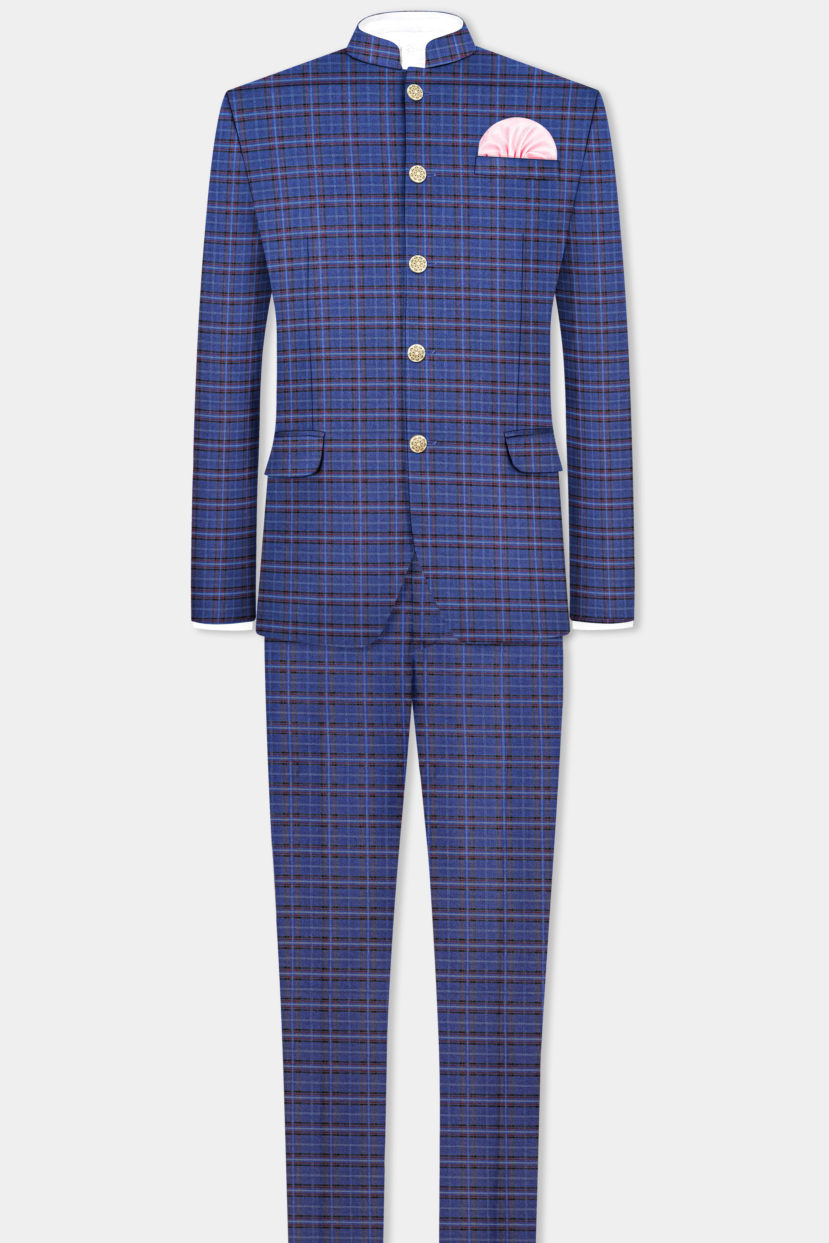 Zodiac Blue Plaid Wool Blend Bandhgala Blazer