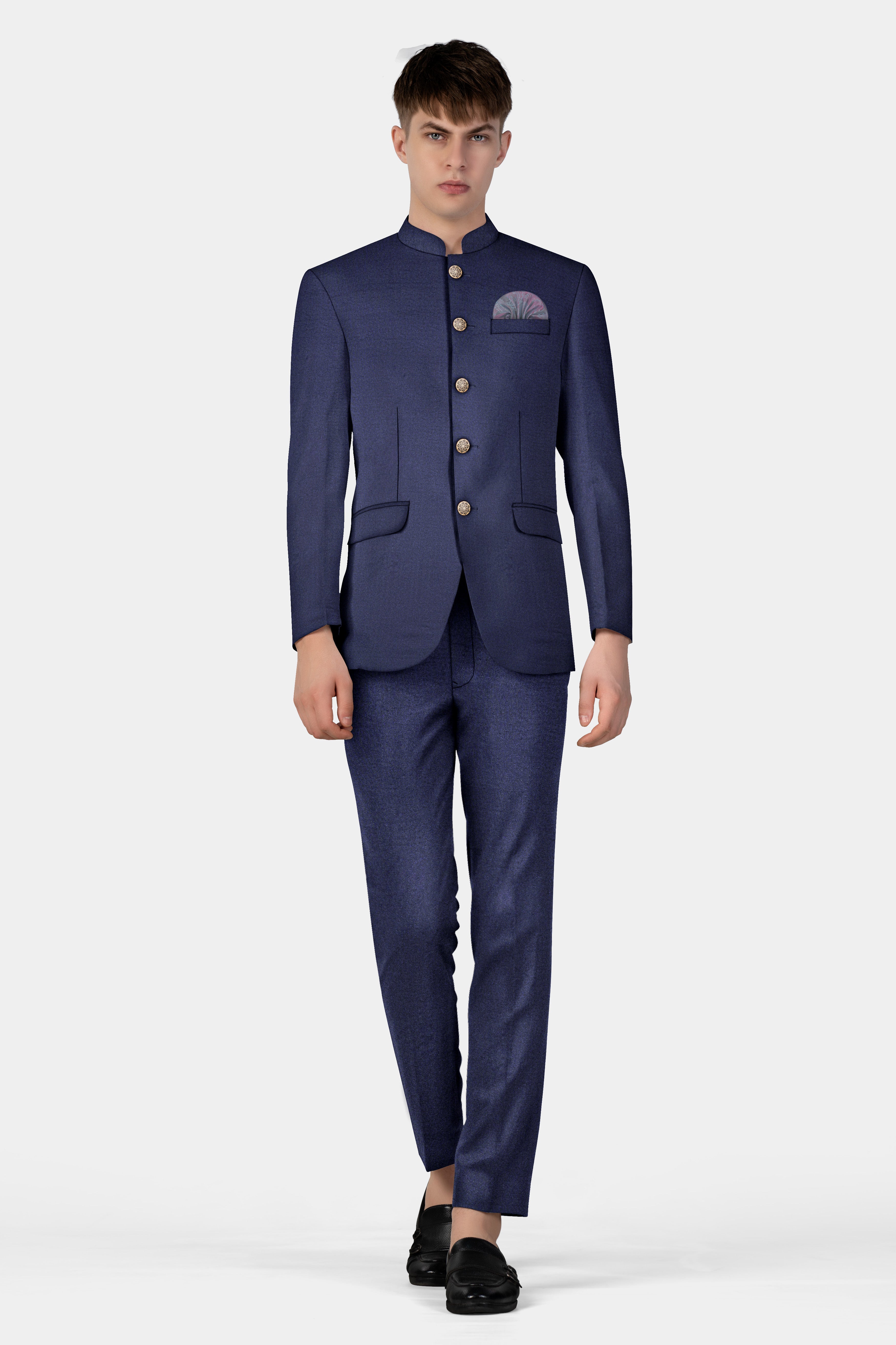 Thunder Blue Solid Wool Blend Bandhgala Blazer