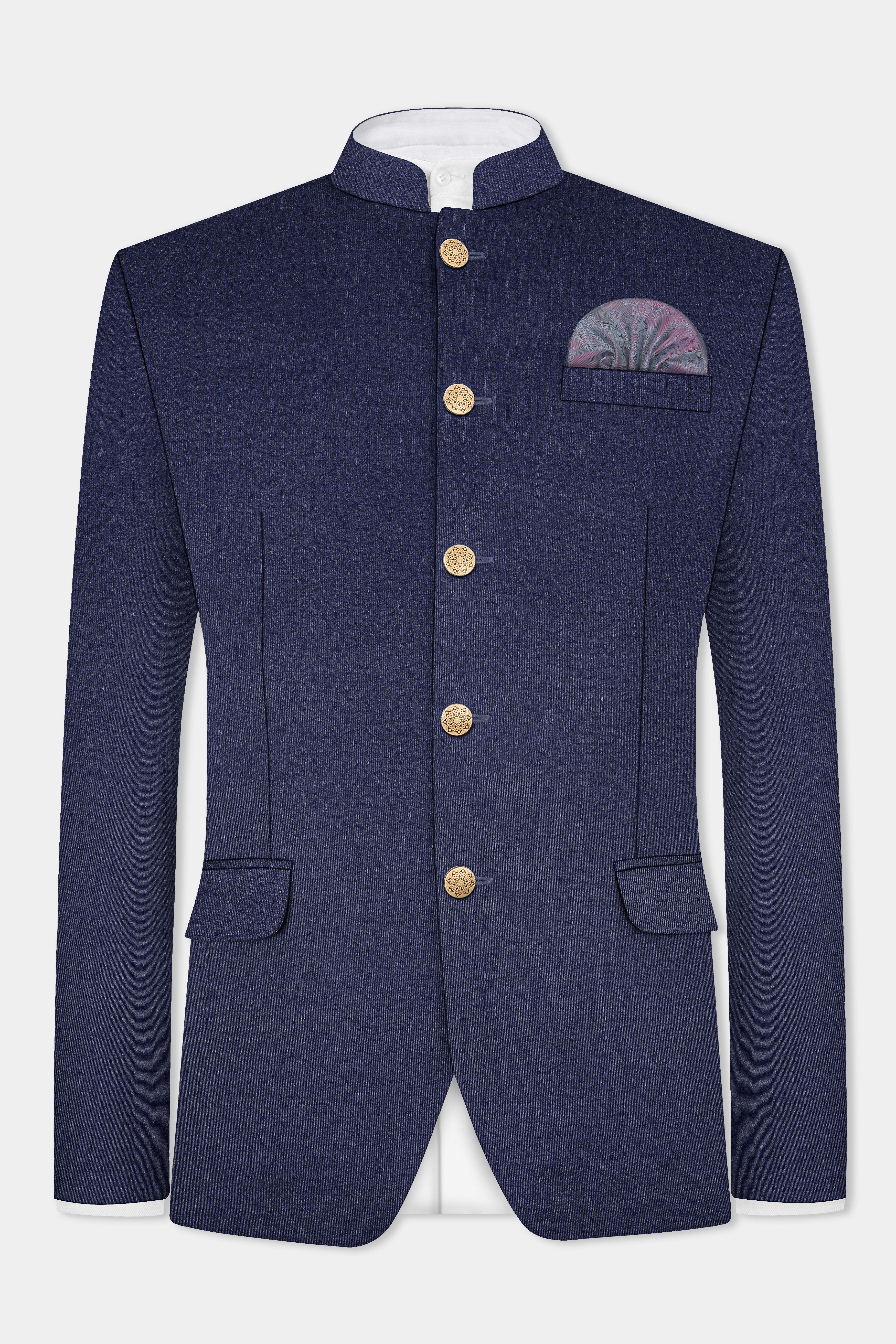 Thunder Blue Solid Wool Blend Bandhgala Blazer